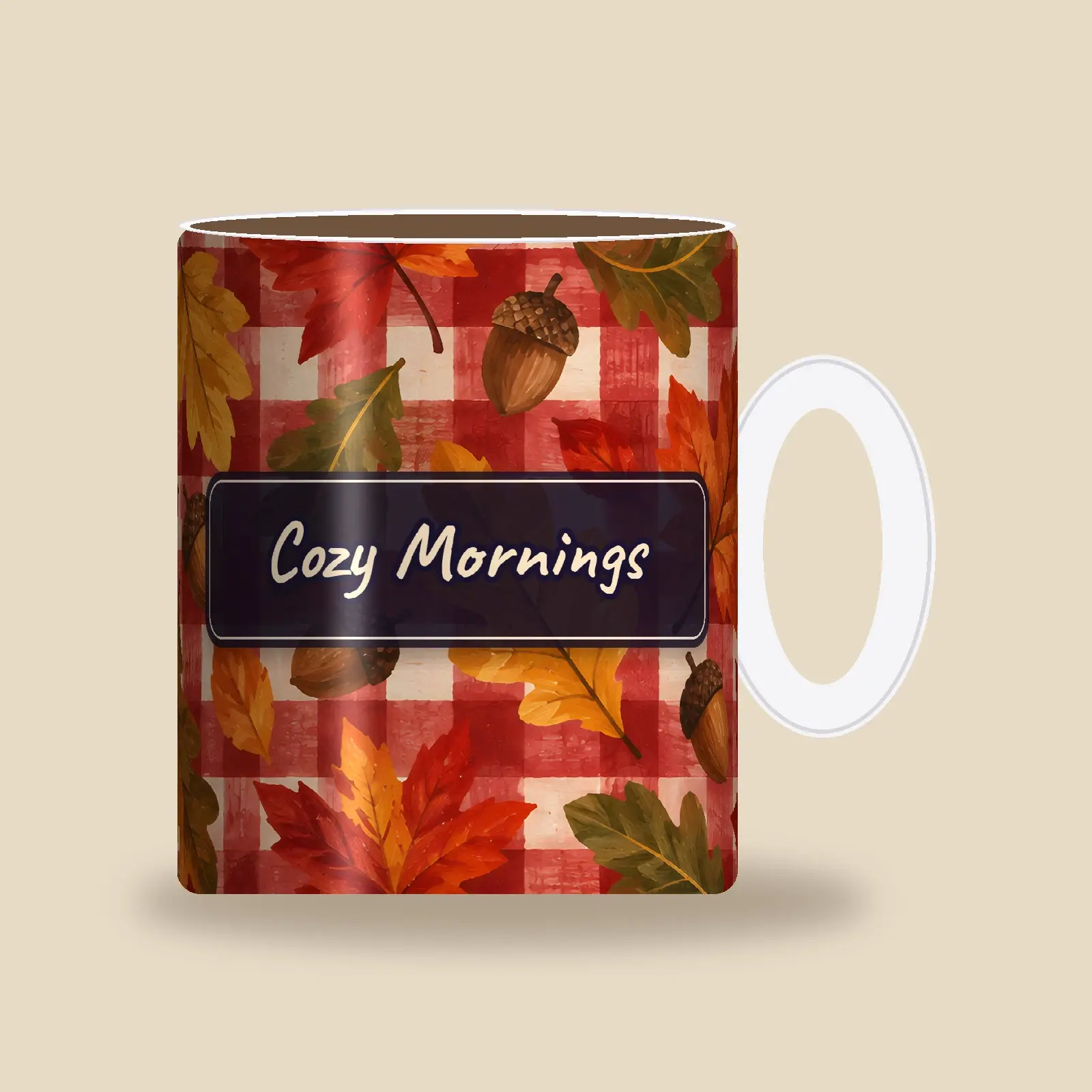 Cozy Mornings Plaid and Leaves Mug Wrap PNG – Red Plaid 11 oz and 15 oz Sublimation, preview 1 of 4