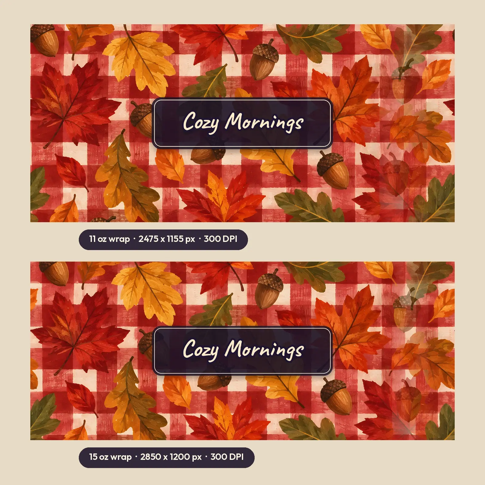 Cozy Mornings Plaid and Leaves Mug Wrap PNG – Red Plaid 11 oz and 15 oz Sublimation, preview 2 of 4