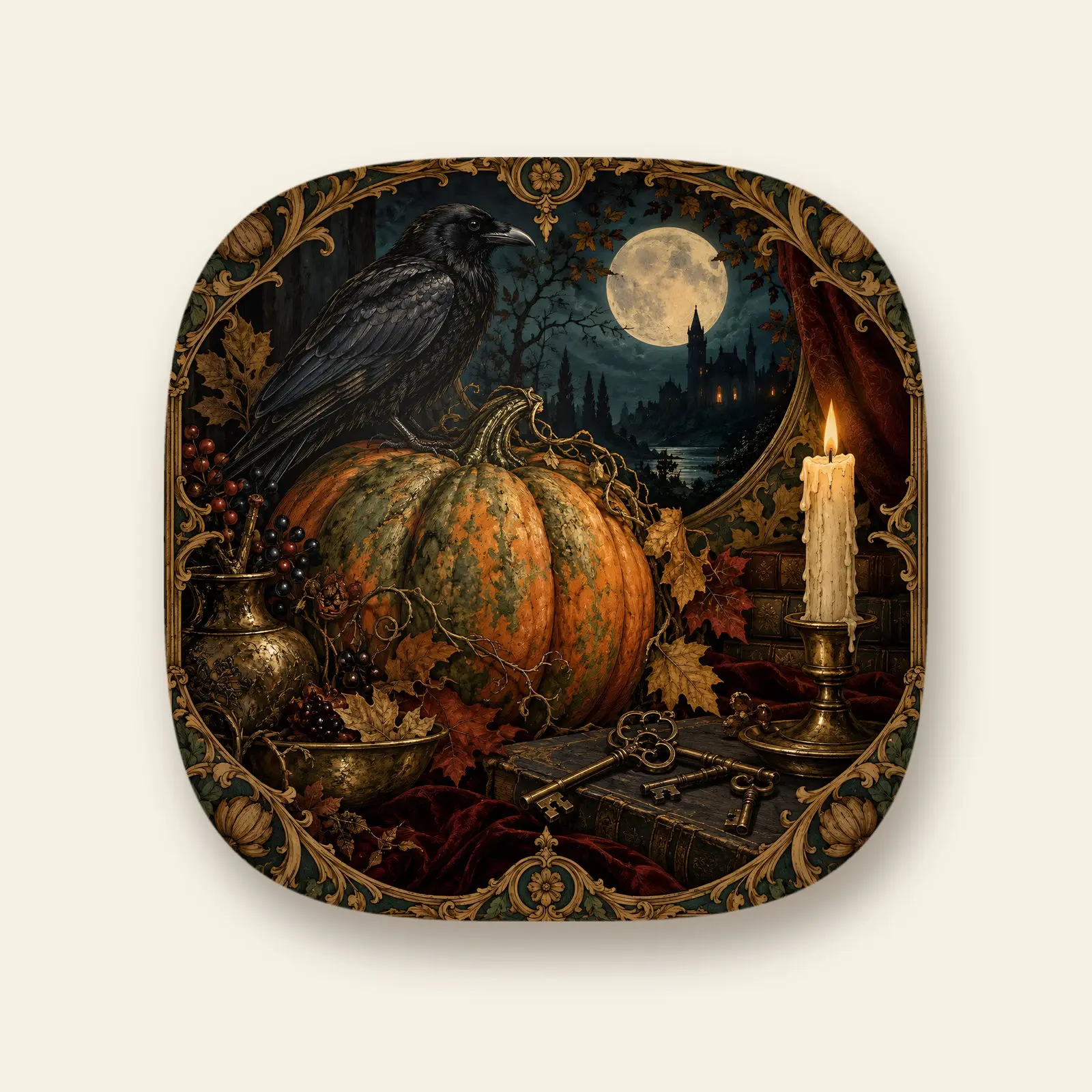 Vintage Pumpkin Crow and Candle Still Life Pillow Design PNG – 4000x4000 Halloween Square Art preview