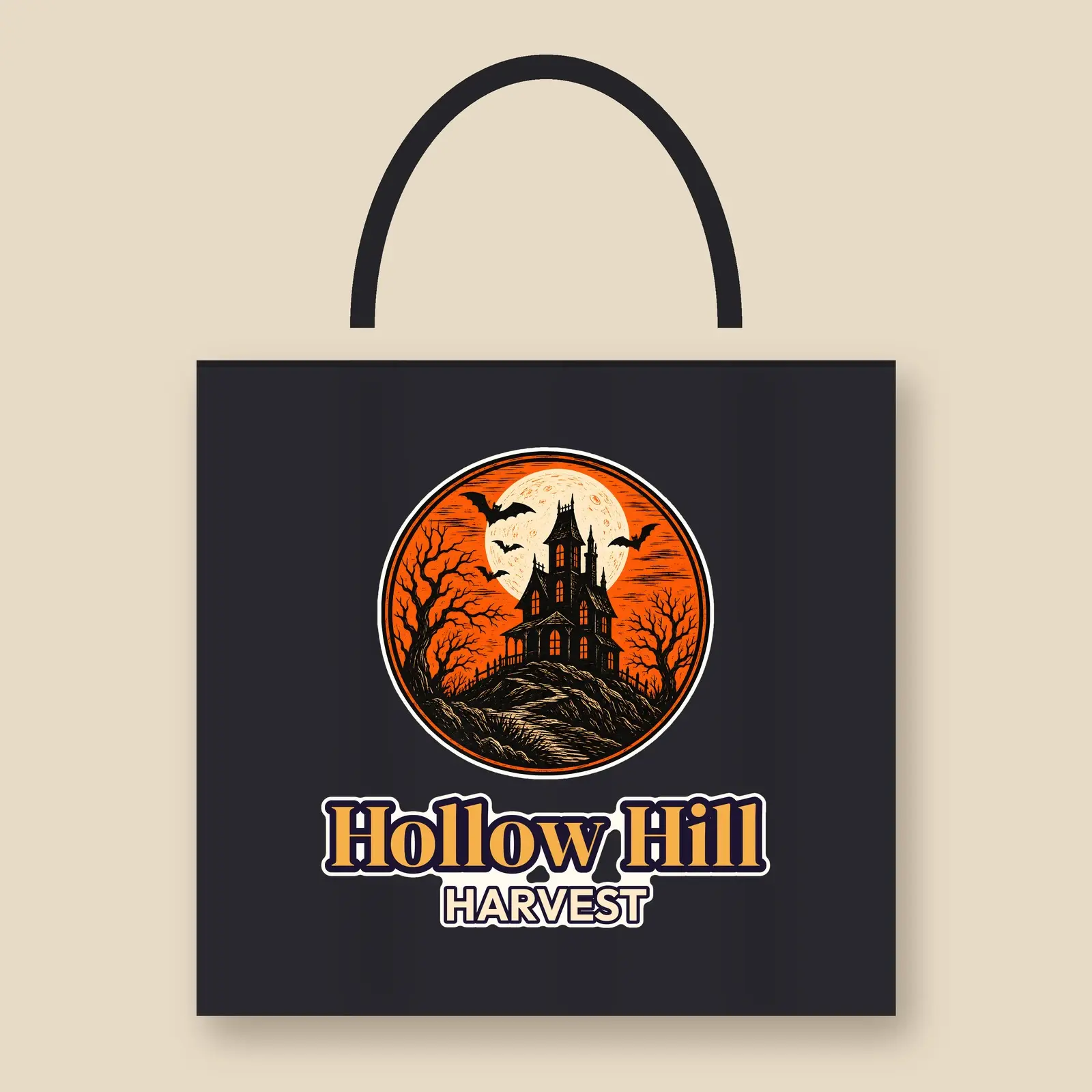 Hollow Hill Harvest Haunted House Emblem Tote Bag Design – Transparent 4000x4000 PNG preview