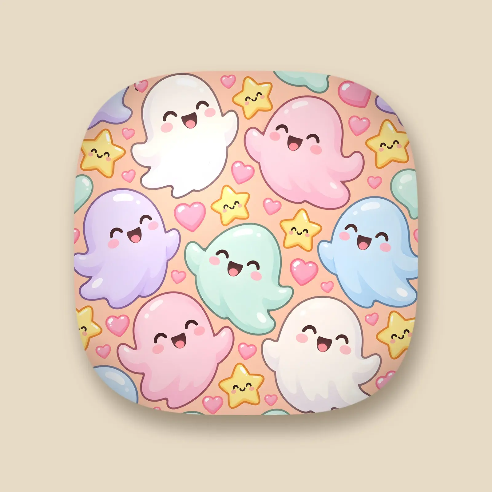 Smiling Ghosts Pastel Pattern Pillow Design PNG – 4000x4000 Kawaii Halloween Square Art preview