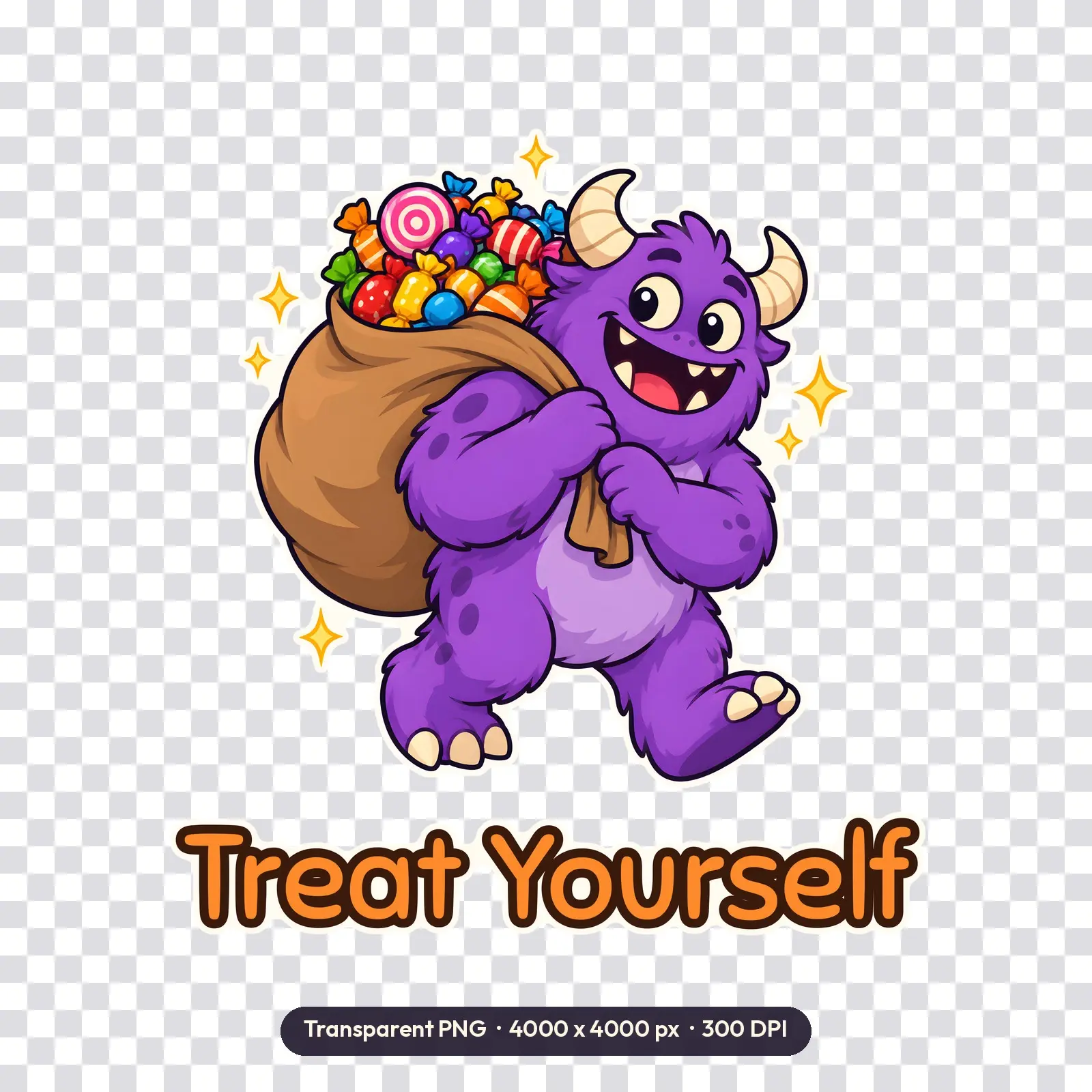 Treat Yourself Friendly Monster Candy Bag Tote Design – Transparent 4000x4000 PNG, preview 2 of 3
