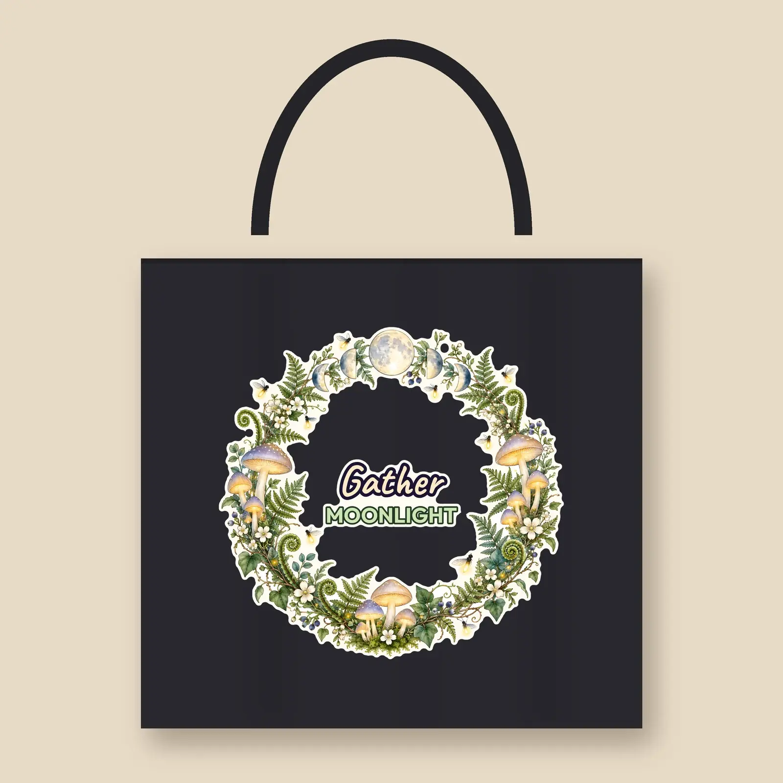 Gather Moonlight Mushroom Garden Tote Design – Transparent 4000x4000 Witchy PNG preview