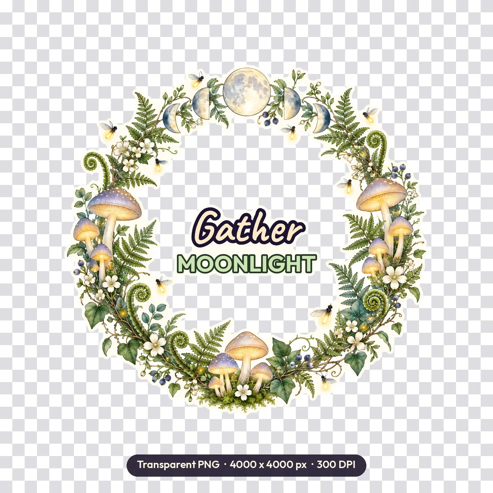 Gather Moonlight Mushroom Garden Tote Design – Transparent 4000x4000 Witchy PNG, preview 2 of 3
