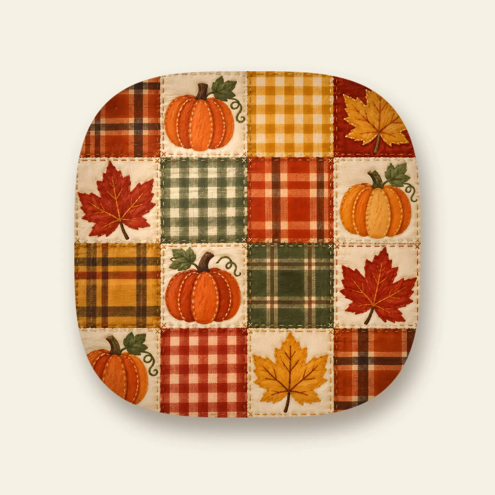 Plaid Patchwork Pumpkins and Leaves Pillow Design PNG – 4000x4000 Cozy Fall Square Art preview