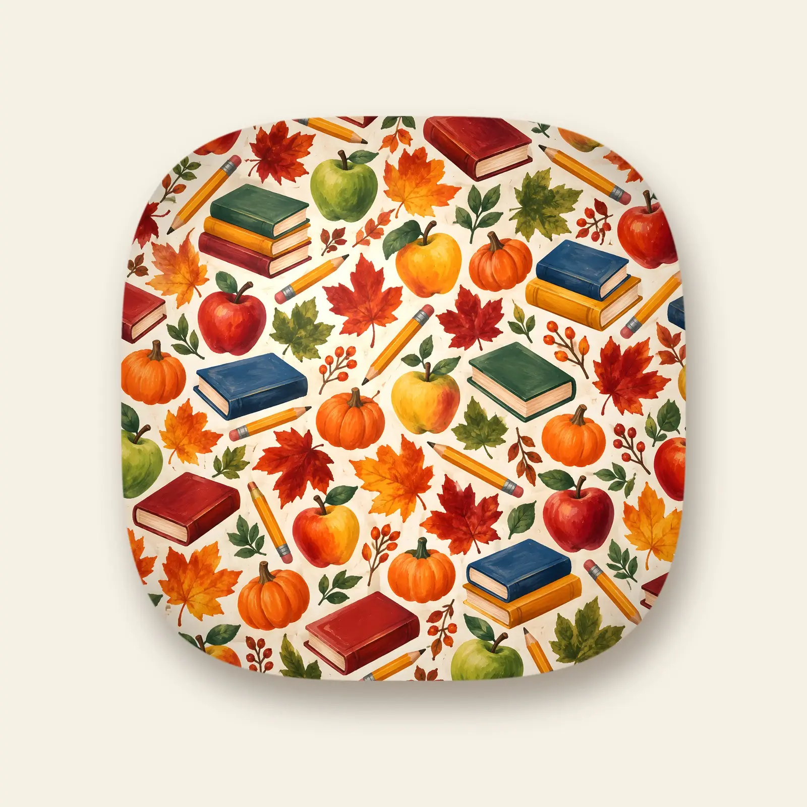 Apples Pencils and Autumn Leaves Pillow Design PNG – 4000x4000 Teacher Gift Square Art preview