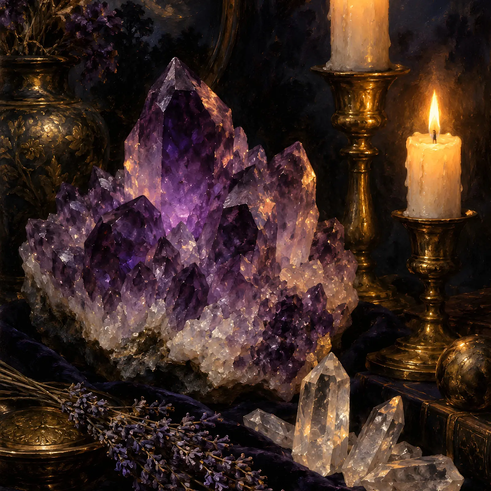 Amethyst Crystal Cluster and Candles Printable Art, Mystic Still Life Painting preview