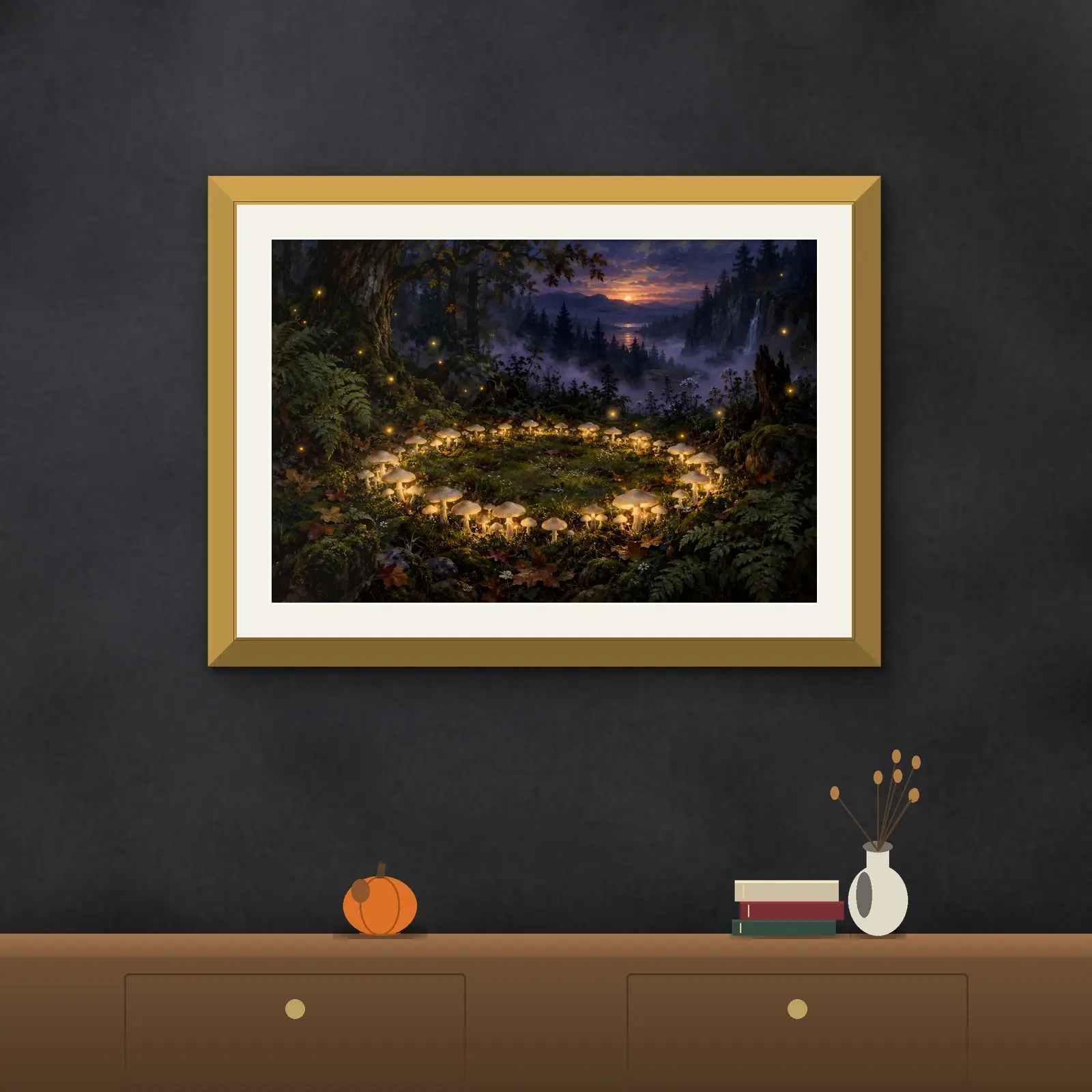 Fairy Ring of Mushrooms at Twilight Landscape Print, Mystical Forest Floor Painting, preview 2 of 4
