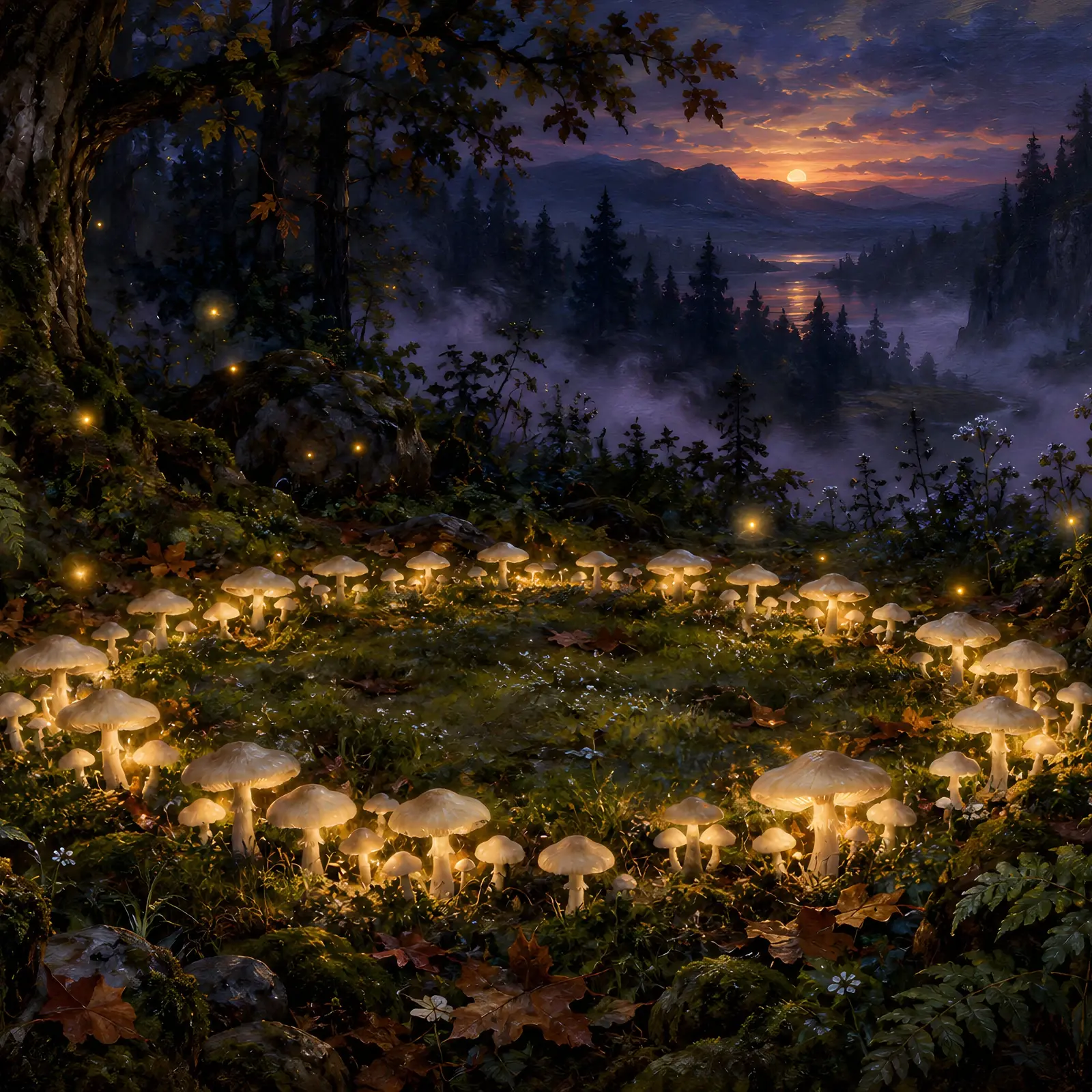 Fairy Ring of Mushrooms at Twilight Landscape Print, Mystical Forest Floor Painting, preview 1 of 4