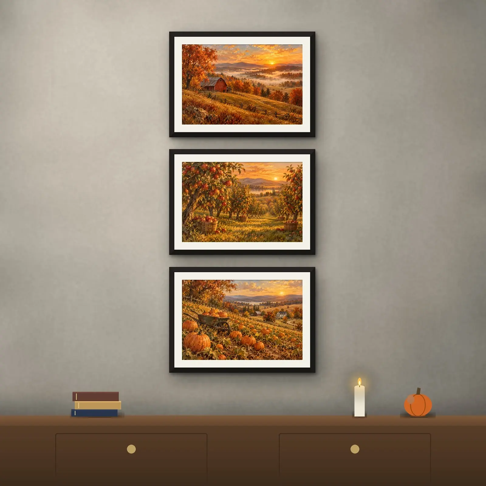 Autumn Farm Landscape Set of 3, Printable Barn Orchard and Pumpkin Field Paintings, preview 1 of 4