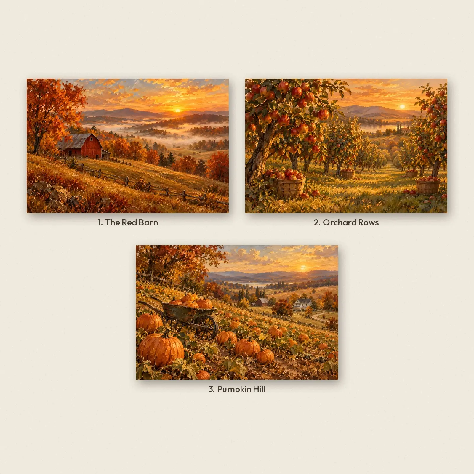 Autumn Farm Landscape Set of 3, Printable Barn Orchard and Pumpkin Field Paintings, preview 2 of 4