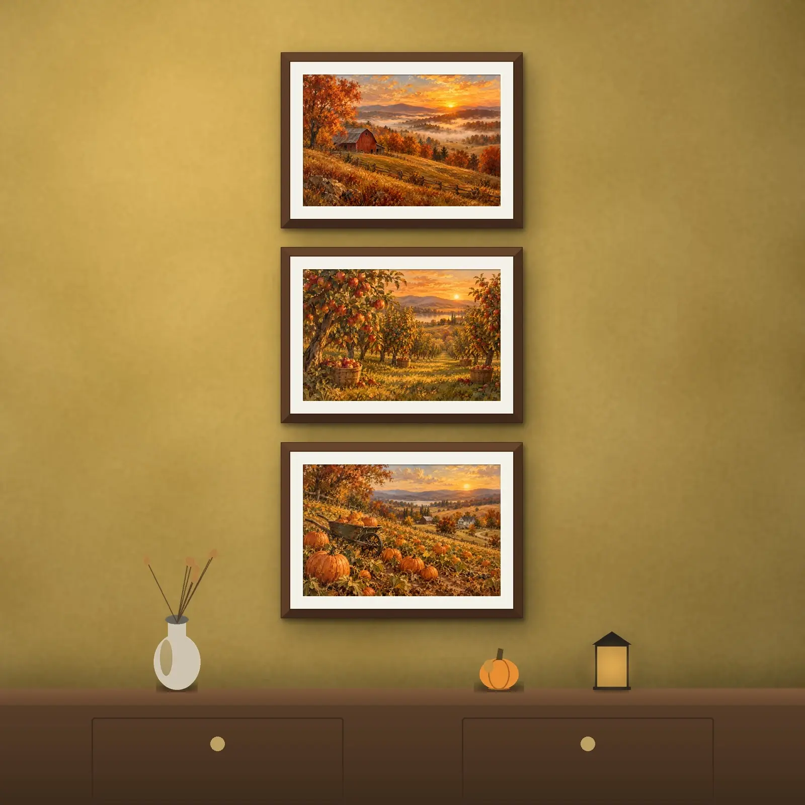 Autumn Farm Landscape Set of 3, Printable Barn Orchard and Pumpkin Field Paintings, preview 4 of 4
