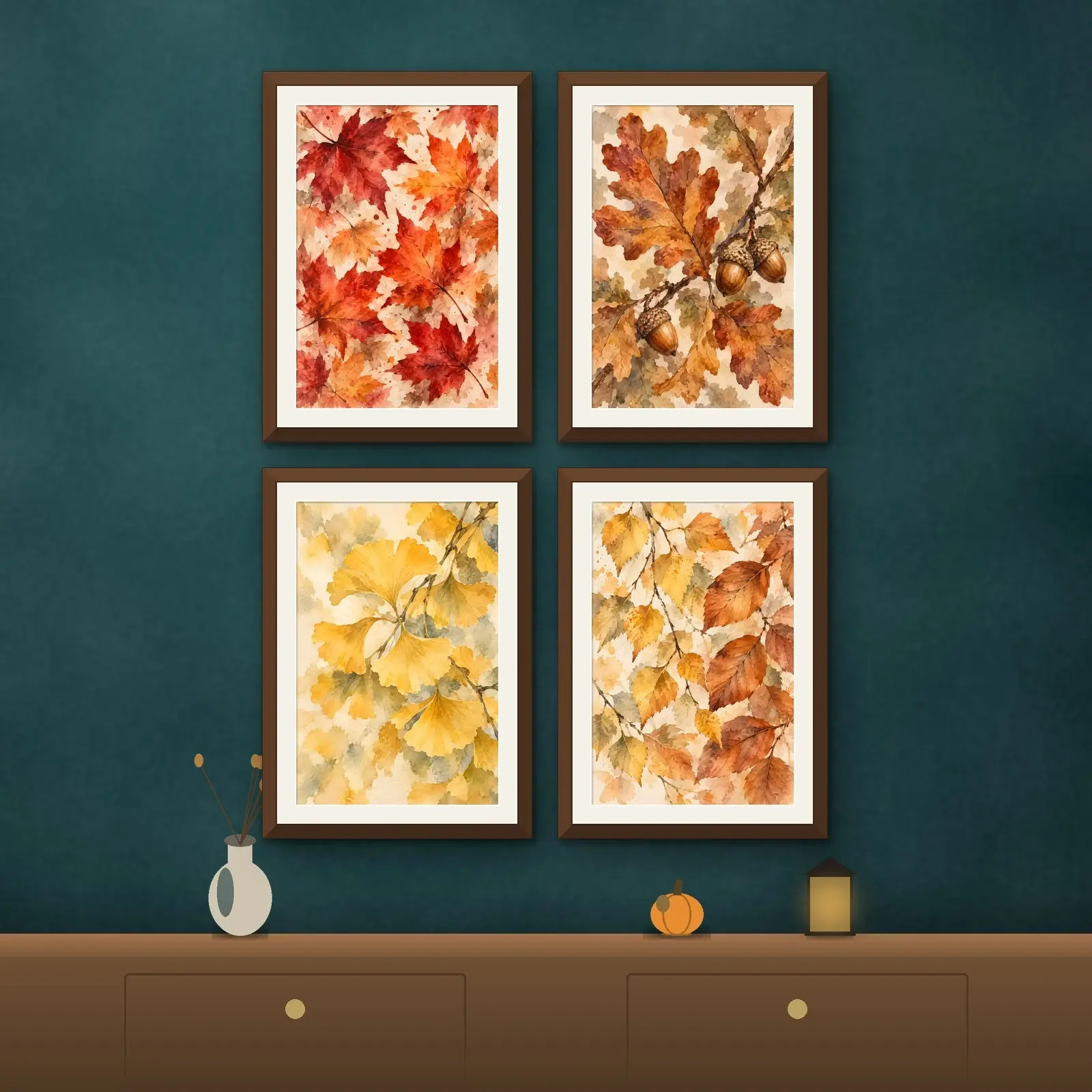 Fall Leaves Watercolor Print Set of 4, Printable Autumn Botanical Gallery Wall Art preview