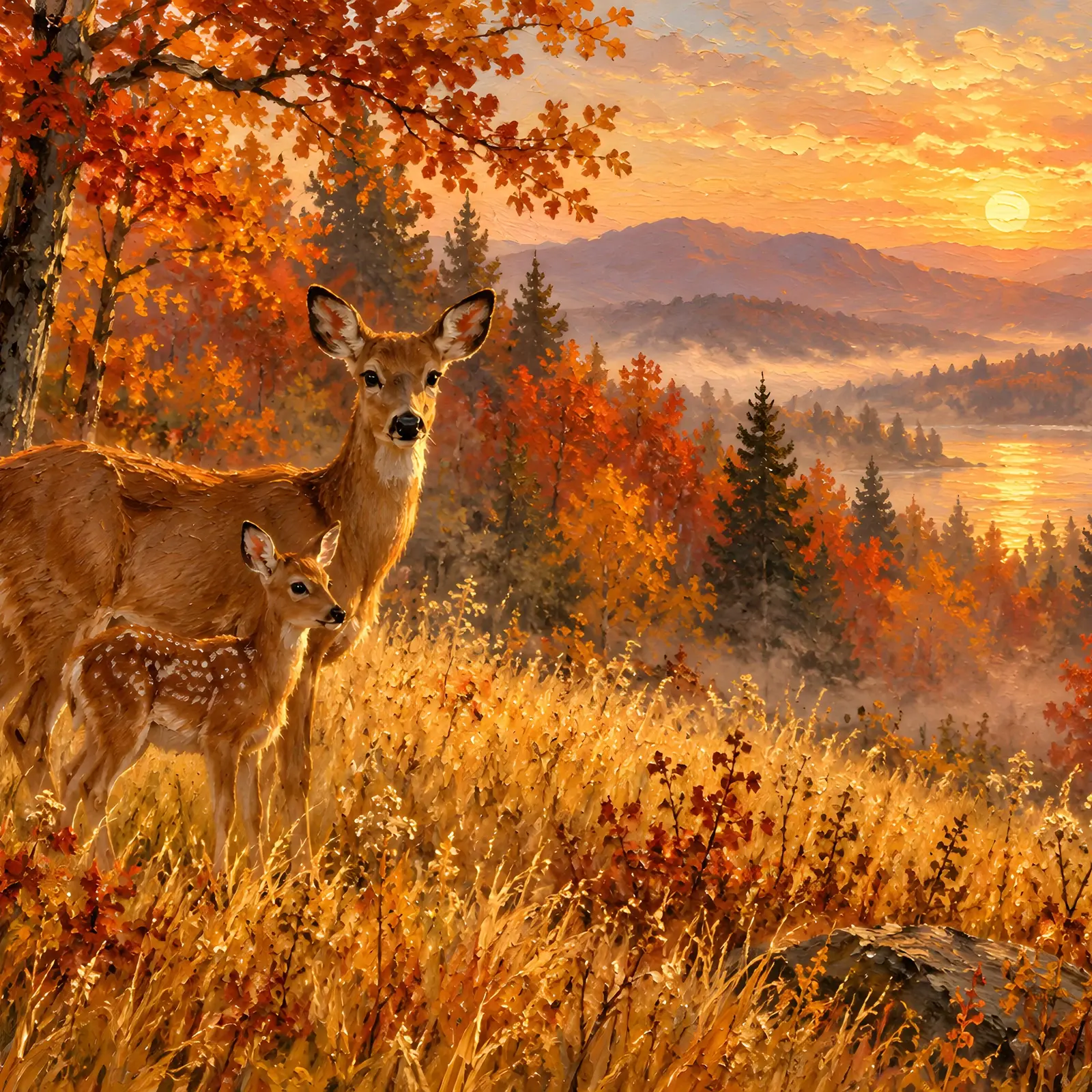 Deer in a Golden Autumn Meadow Landscape Printable Art, Cozy Forest Painting preview