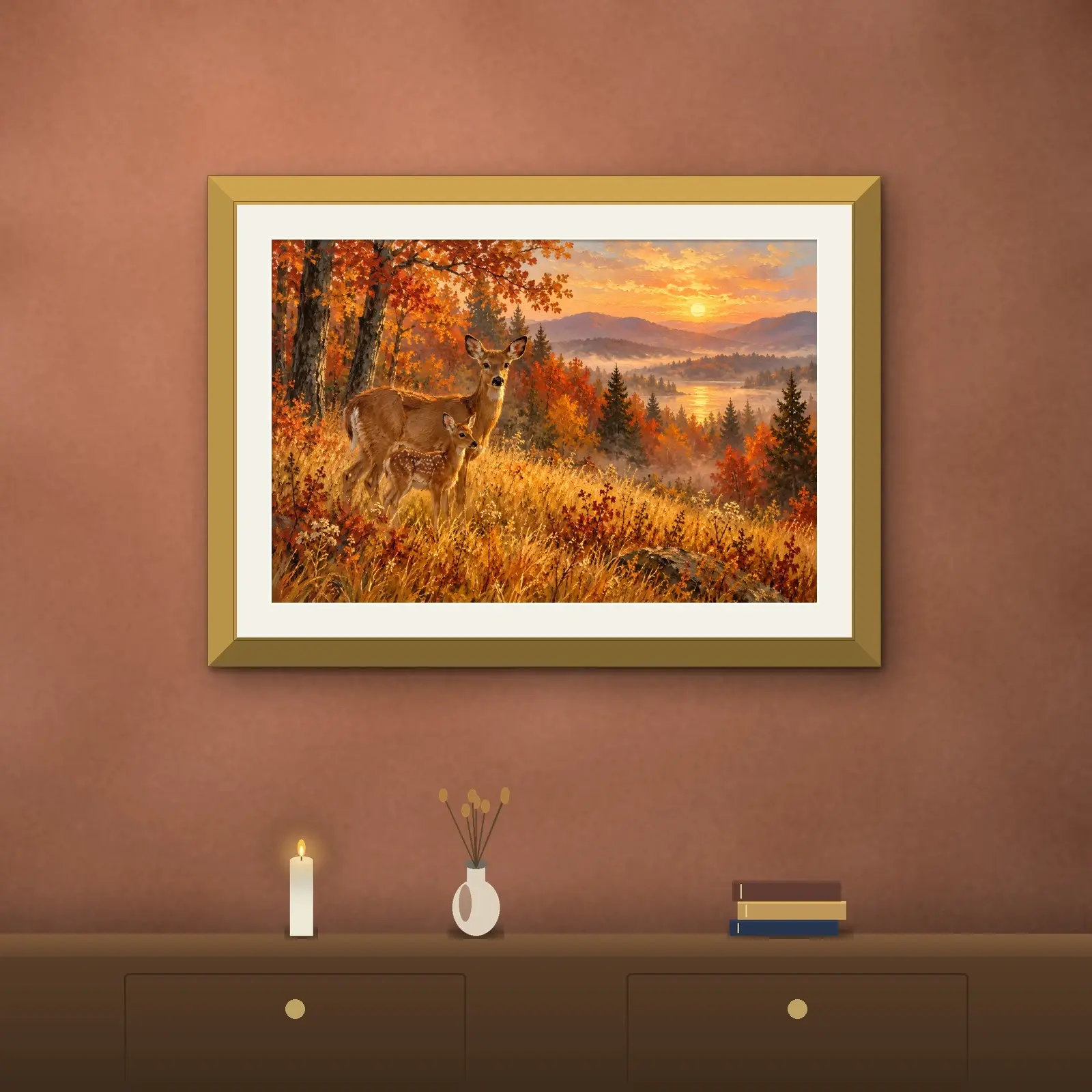 Deer in a Golden Autumn Meadow Landscape Printable Art, Cozy Forest Painting, preview 2 of 4