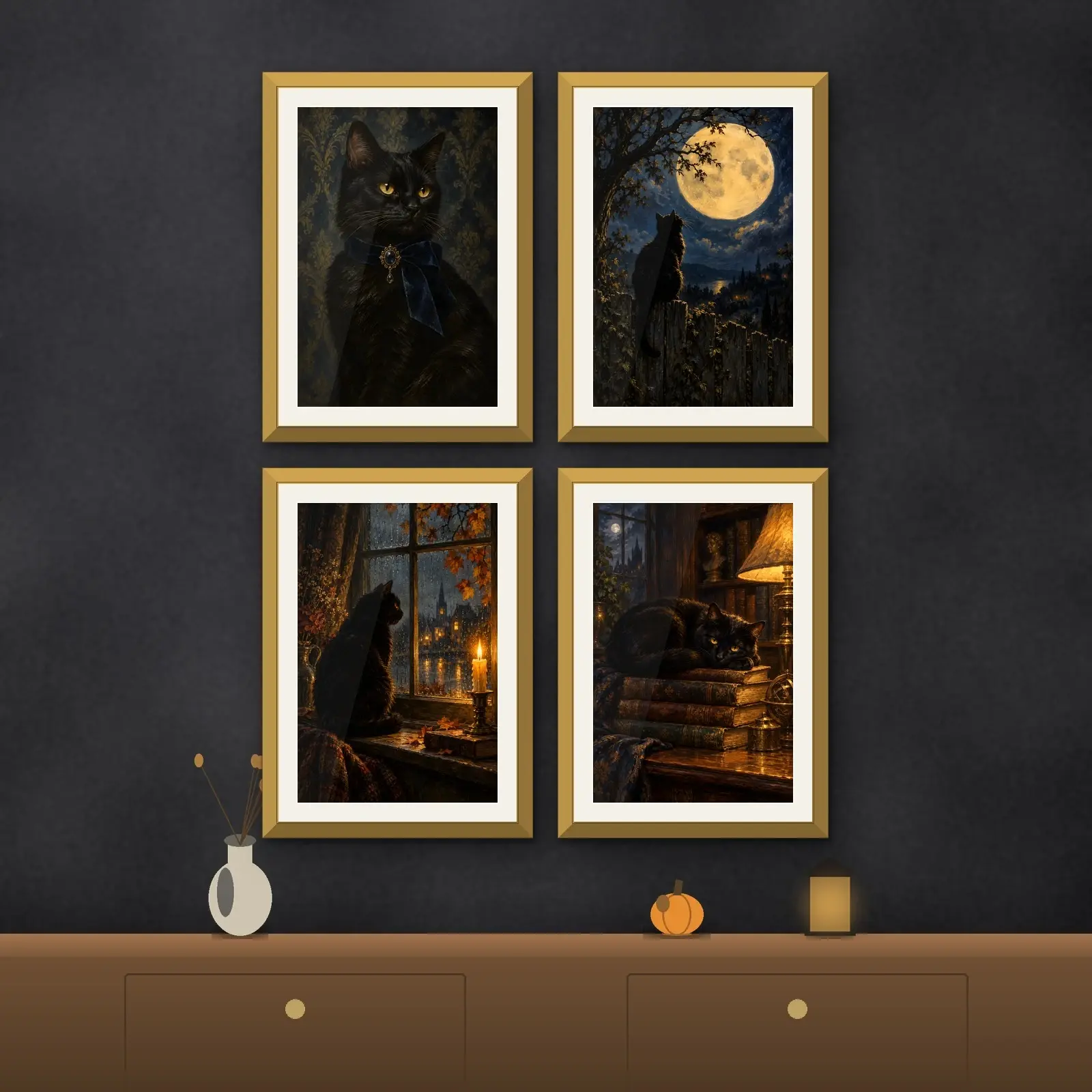 Black Cat Portrait Gallery Set of 4, Vintage Printable Halloween Wall Art preview