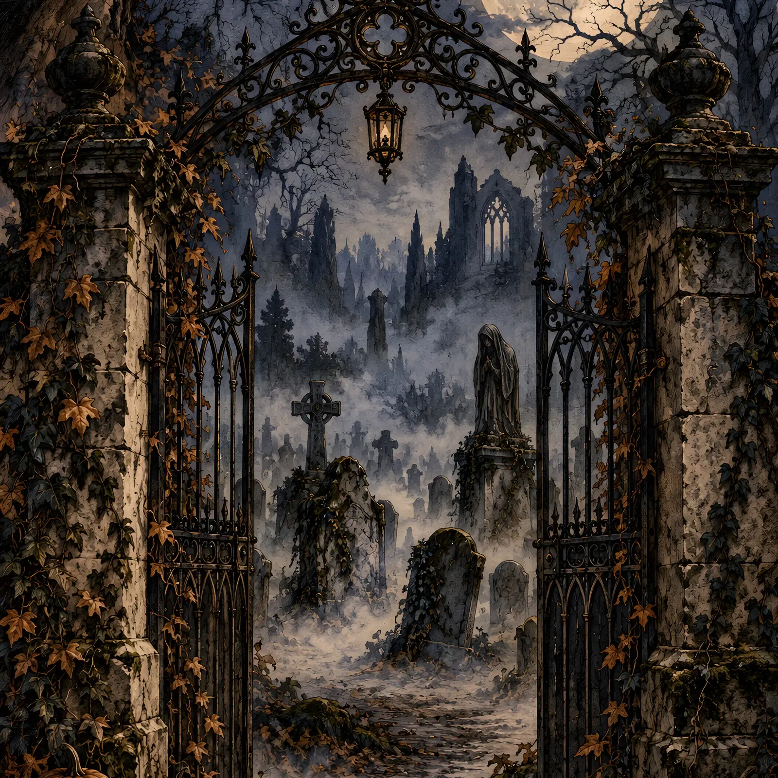 Old Cemetery Gates in Autumn Fog Printable Gothic Wall Art, Vintage Halloween Print, preview 1 of 4