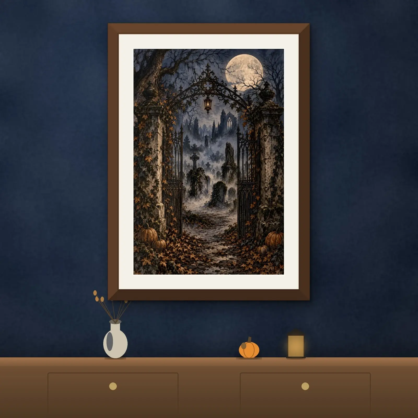 Old Cemetery Gates in Autumn Fog Printable Gothic Wall Art, Vintage Halloween Print, preview 2 of 4