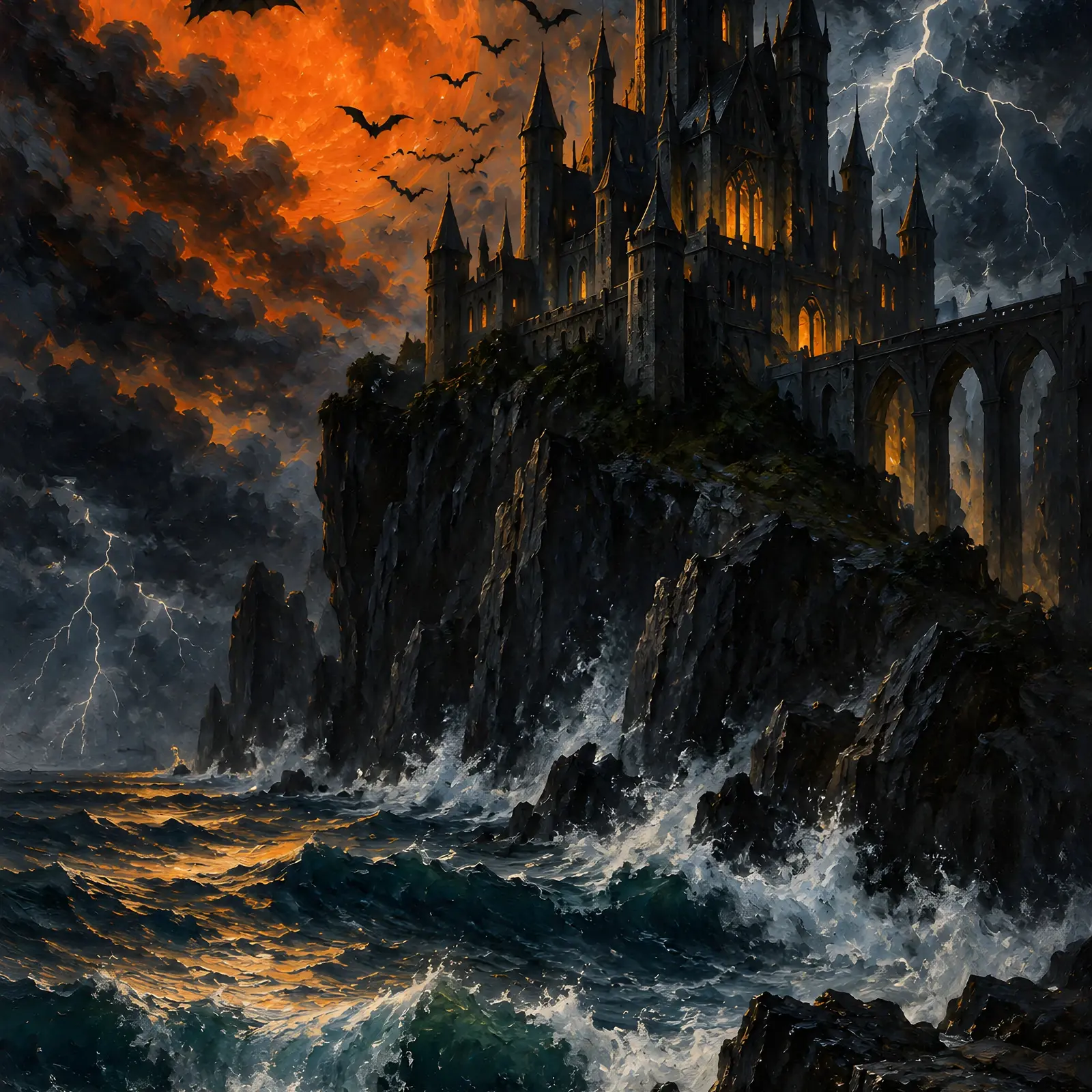 Vampire Castle on a Cliff Under a Blood Orange Moon Printable Halloween Art preview