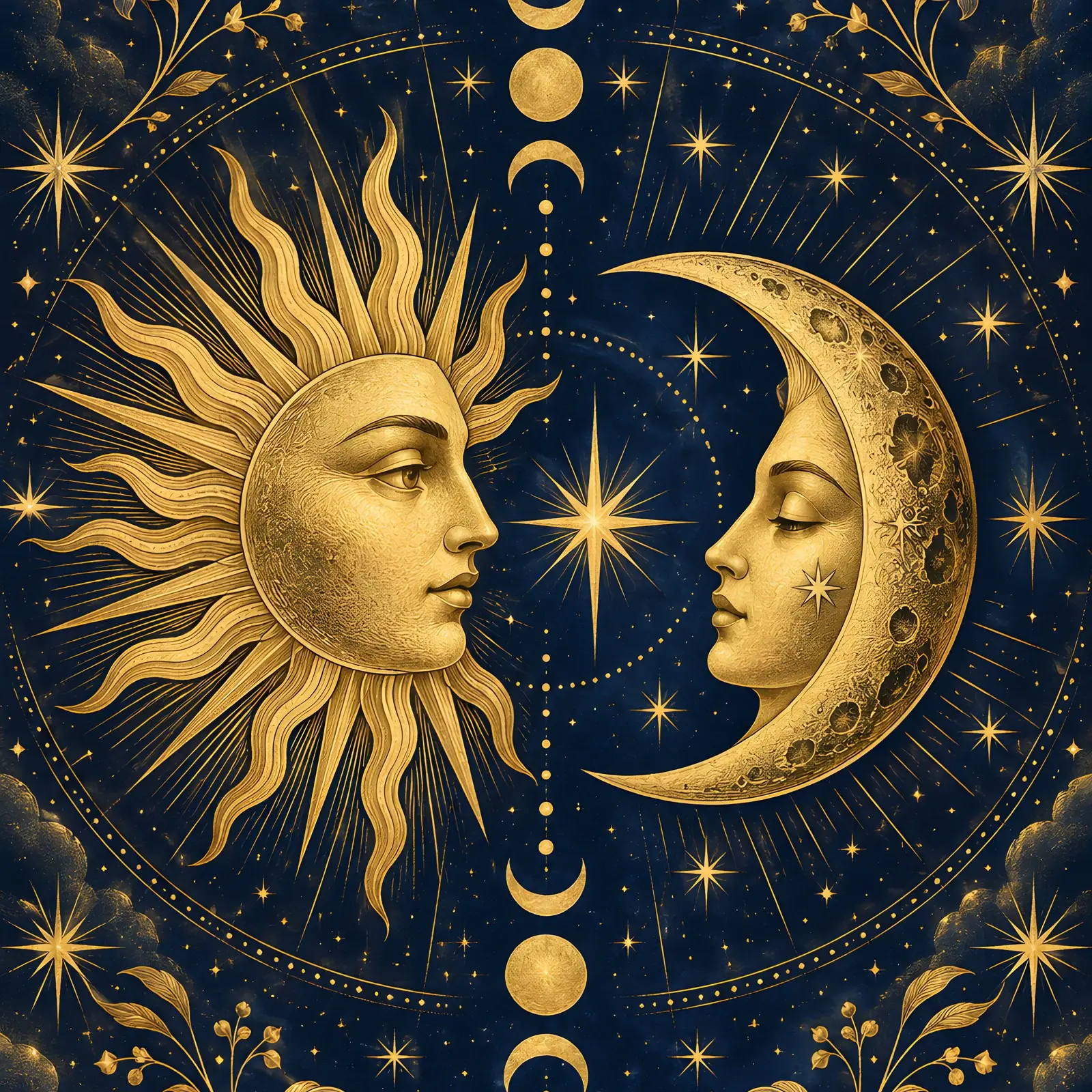 Sun and Moon Celestial Print in Gold on Midnight Blue, Printable Boho Witch Wall Art preview