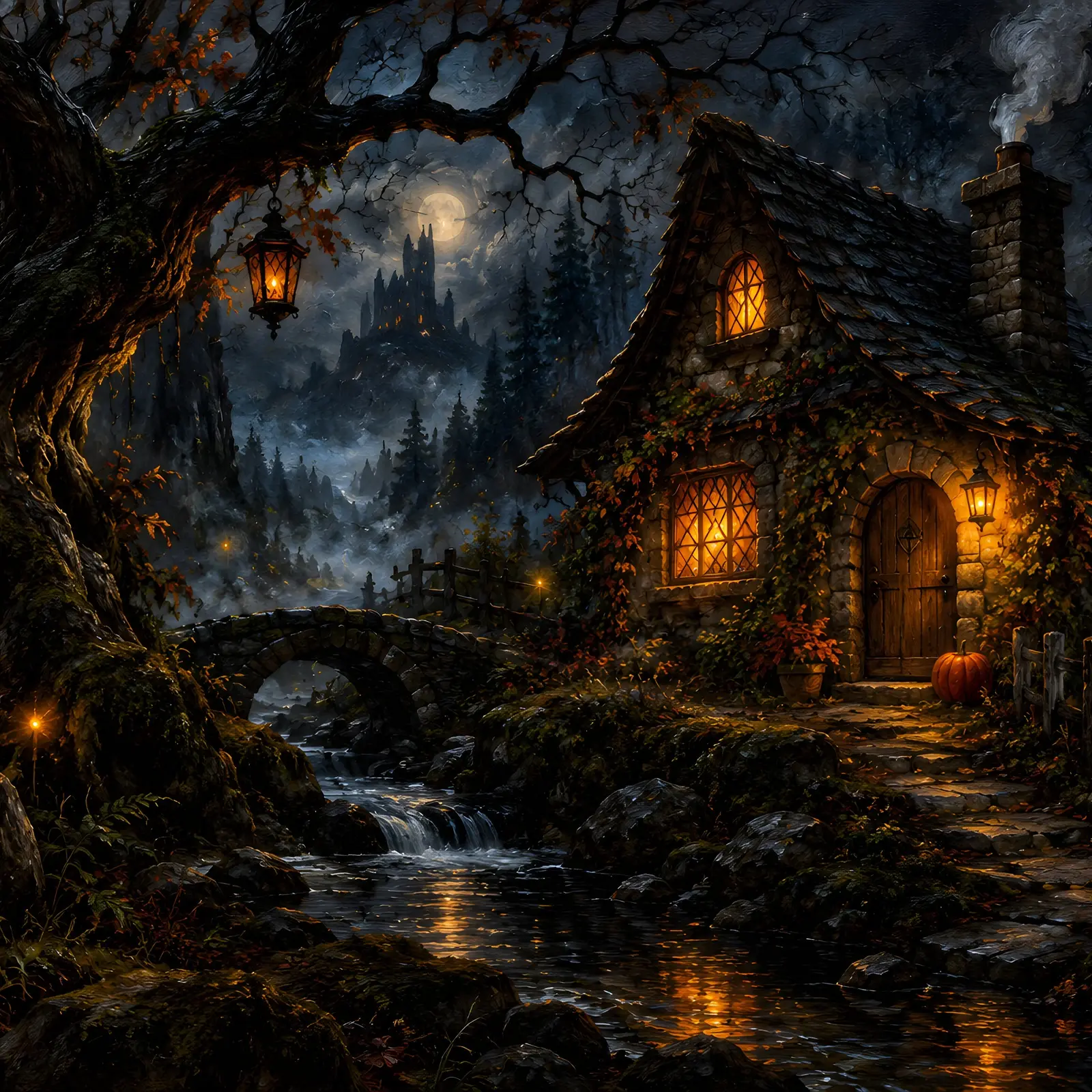 Haunted Forest Cottage with Glowing Windows Landscape Print, Moody Fairytale Painting preview
