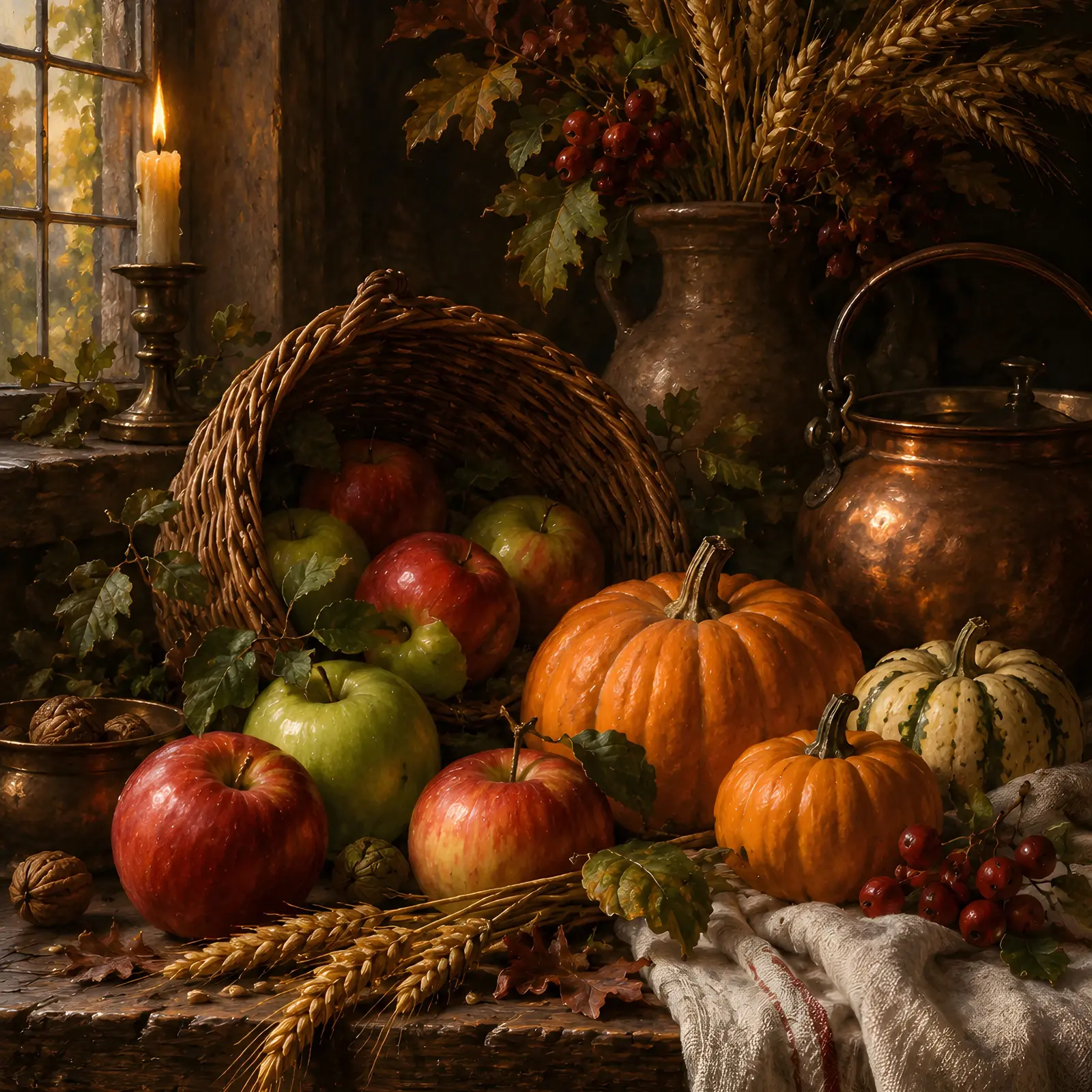 Pumpkins and Apples Harvest Still Life Printable Art, Rustic Kitchen Wall Decor preview