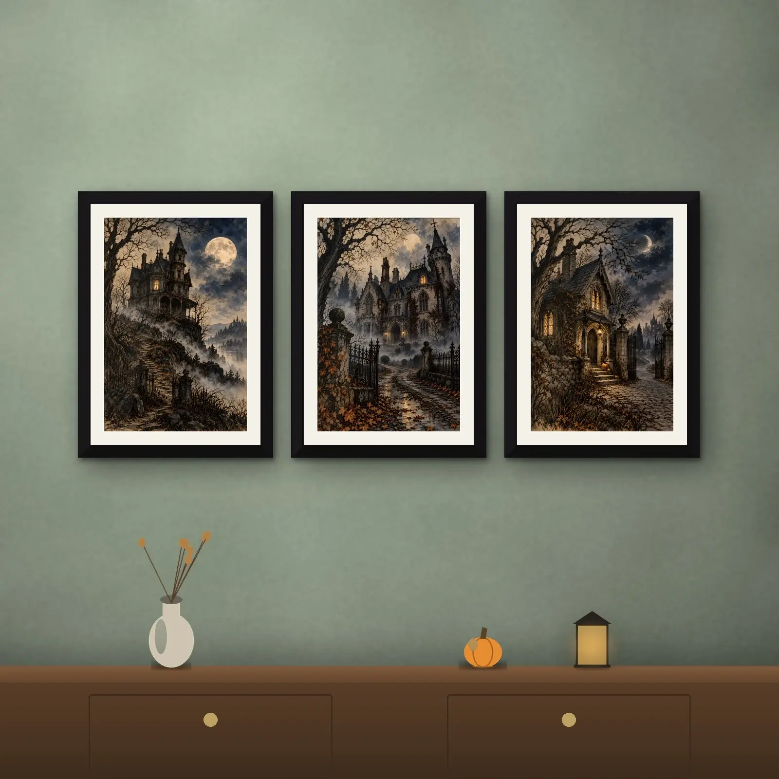 Haunted House Gallery Wall Set of 3, Printable Victorian Halloween Art Prints preview