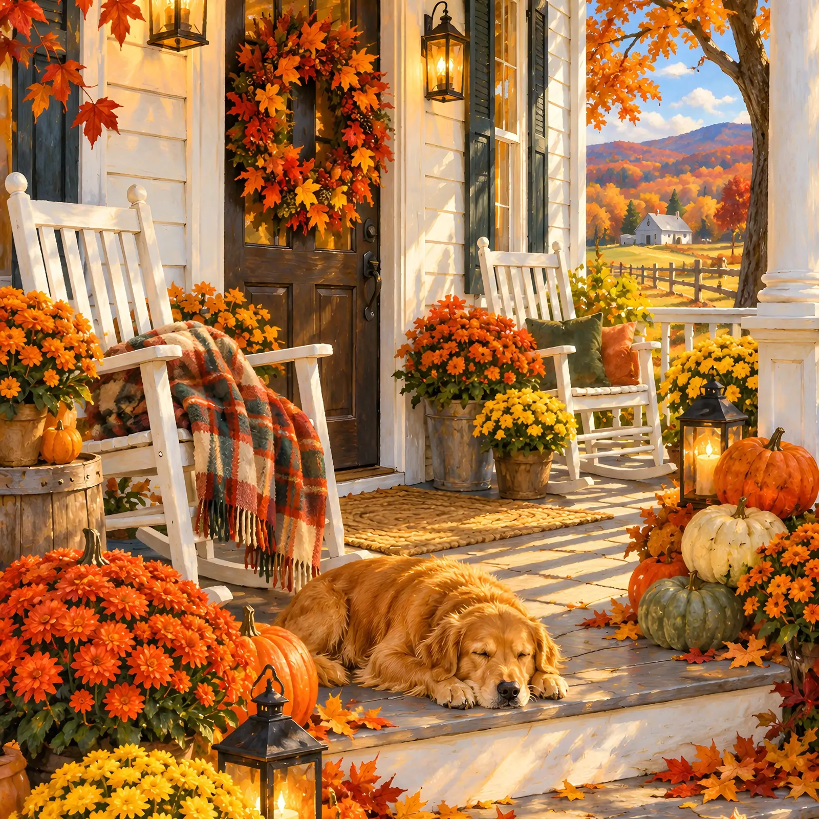 Farmhouse Porch with Pumpkins and Mums Printable Fall Art, Welcome Autumn Painting preview