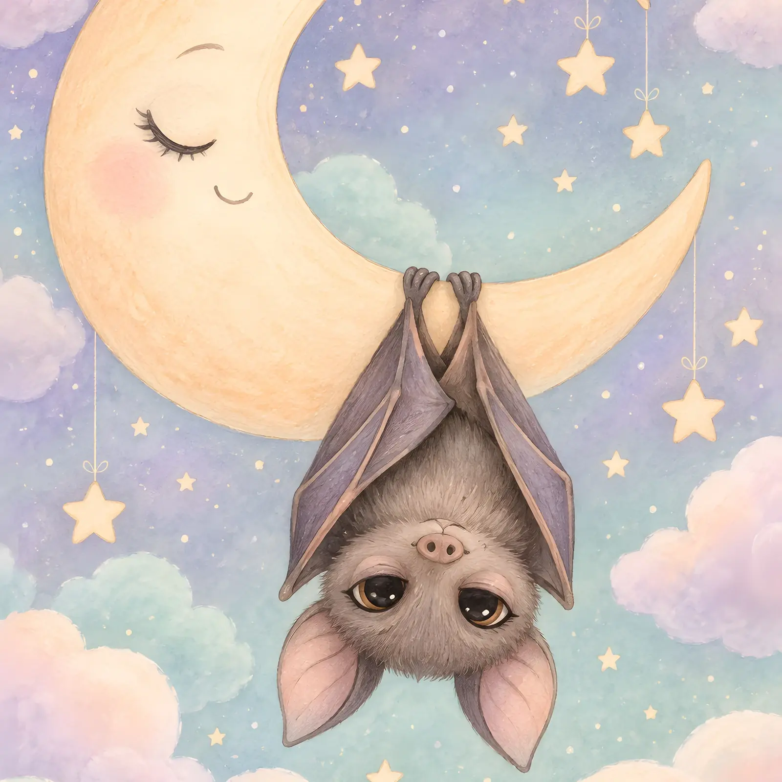 Sleepy Bat Hanging from a Crescent Moon Printable Kids Room Art, Cute Halloween Nursery Print preview