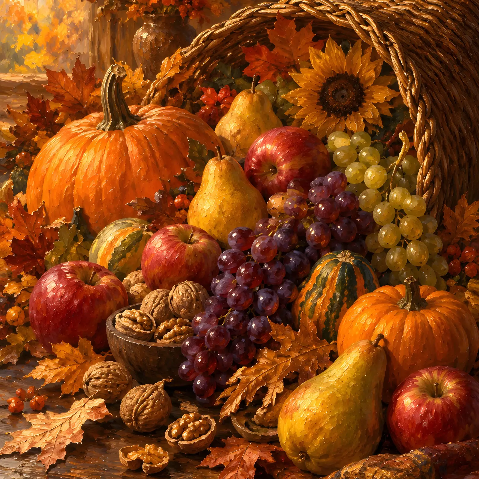 Harvest Cornucopia with Pumpkins and Pears Printable Thanksgiving Wall Art, Painterly Still Life preview