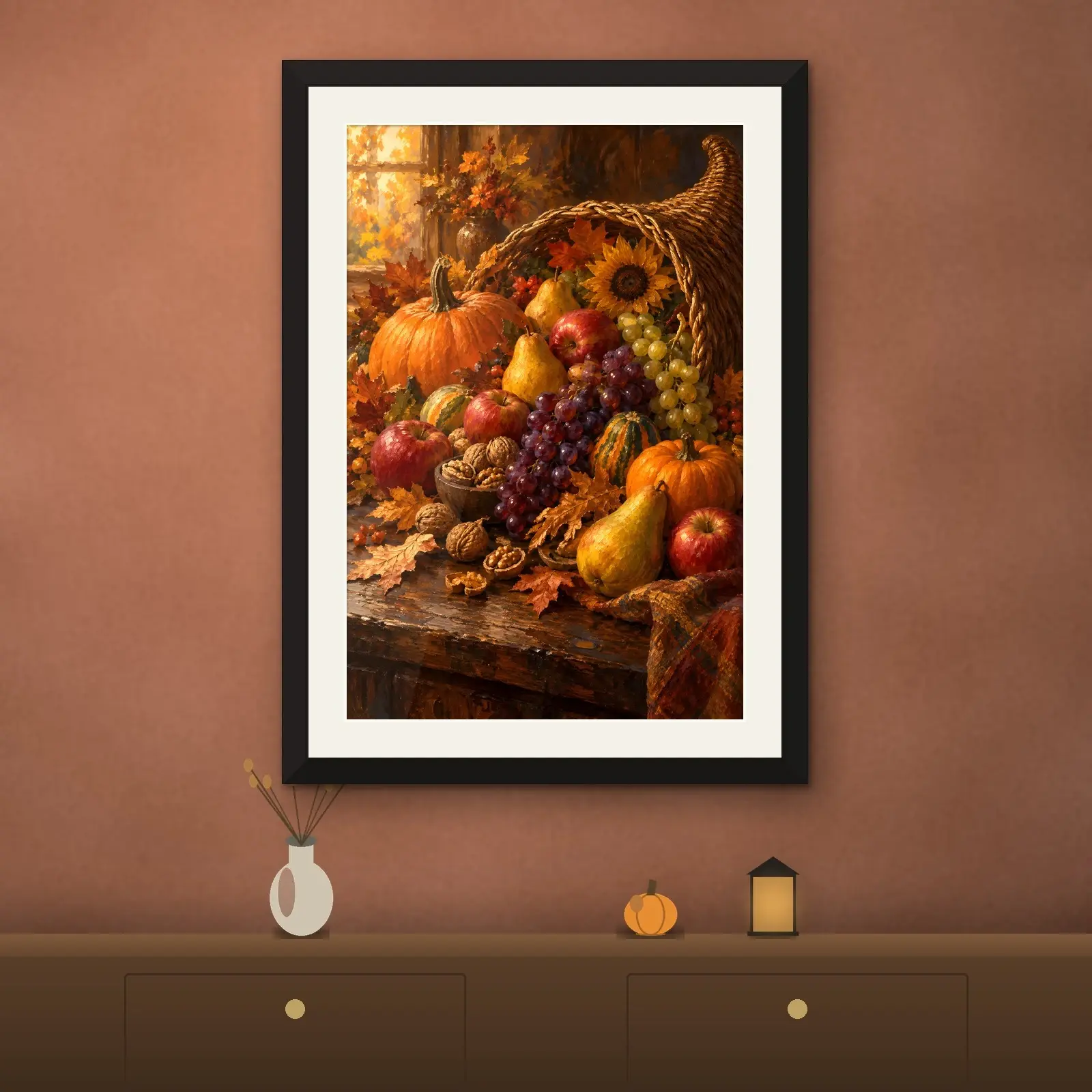 Harvest Cornucopia with Pumpkins and Pears Printable Thanksgiving Wall Art, Painterly Still Life, preview 2 of 4