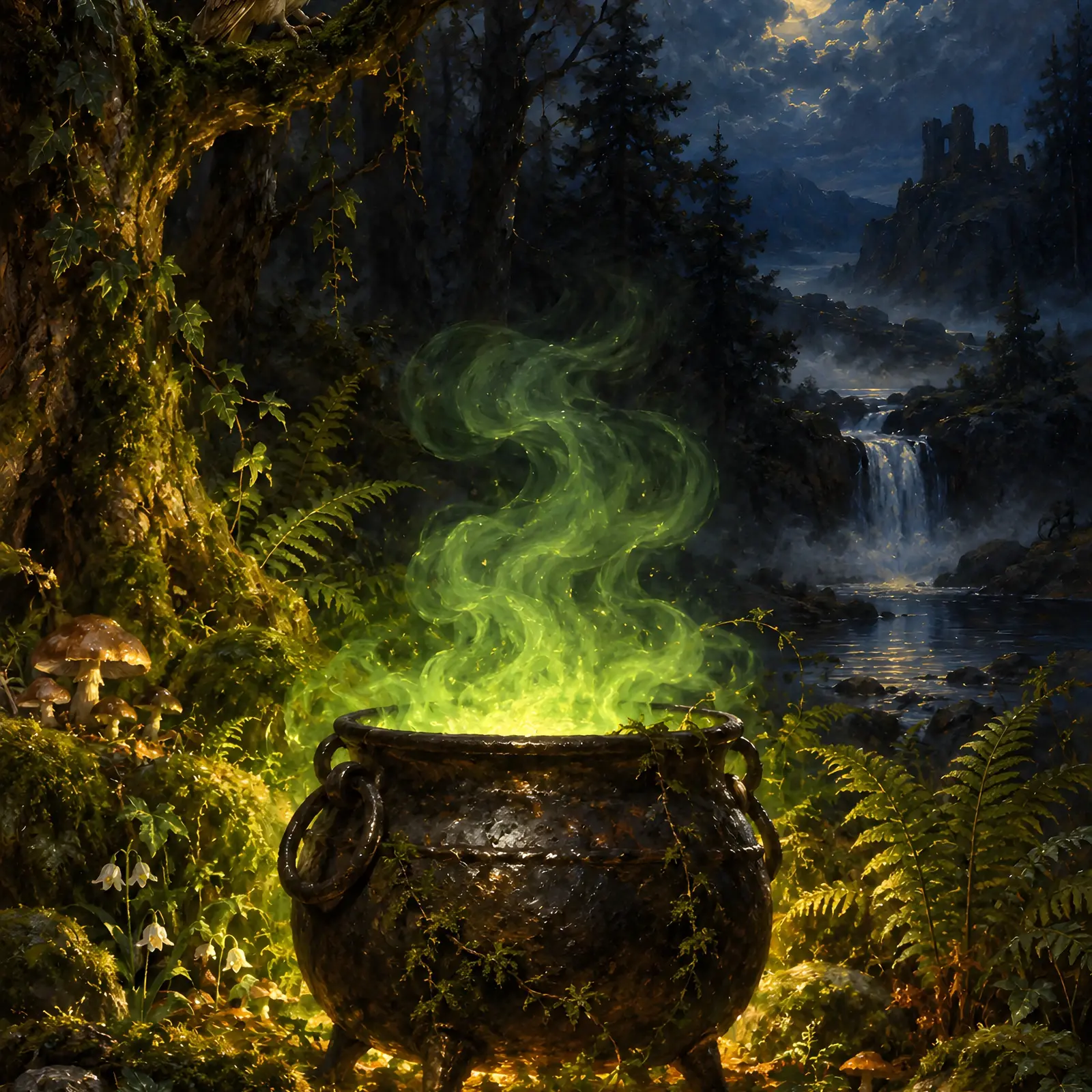 Cauldron Glowing Green in a Moonlit Forest Printable Halloween Painting preview