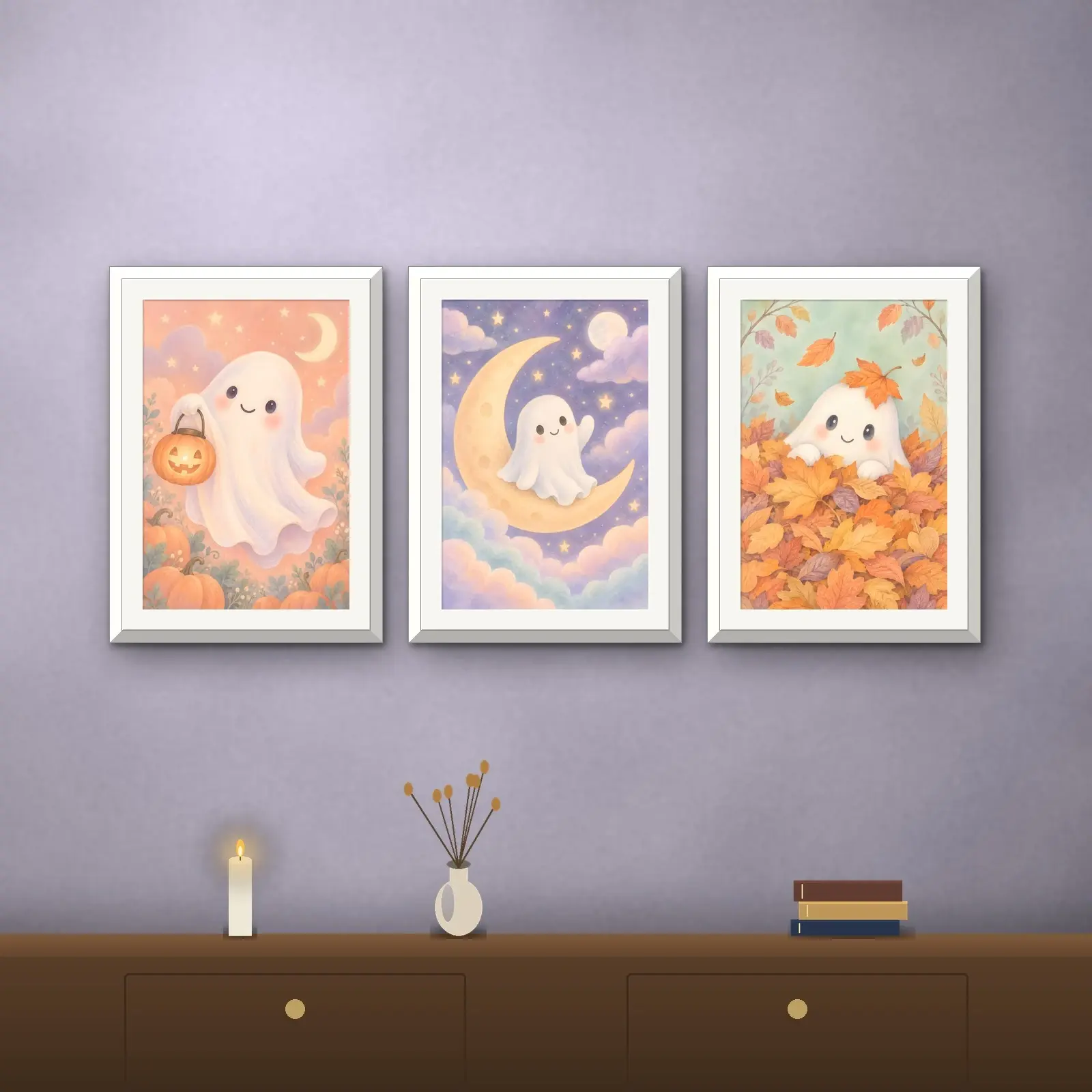 Friendly Ghost Nursery Prints Set of 3, Printable Pastel Halloween Baby Room Art, preview 1 of 4