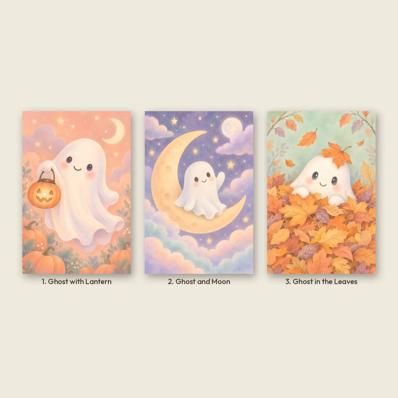 Friendly Ghost Nursery Prints Set of 3, Printable Pastel Halloween Baby Room Art, preview 2 of 4