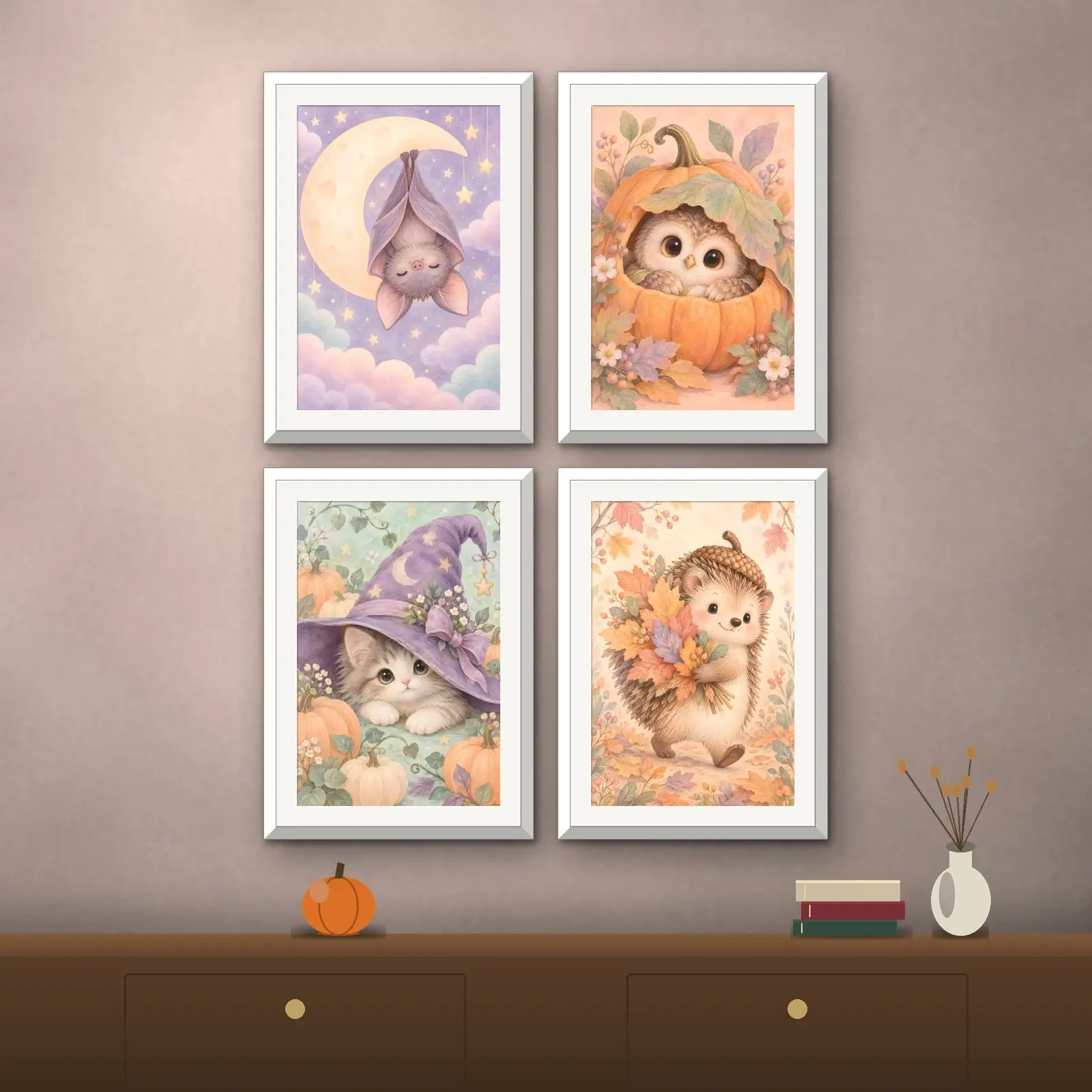 Halloween Woodland Animals Nursery Set of 4, Cute Printable Kids Room Wall Art preview