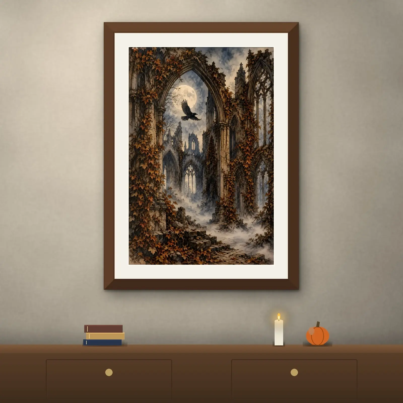 Ruined Gothic Cathedral Arches in Autumn Fog Printable Wall Art, Vintage Engraving Style, preview 2 of 4