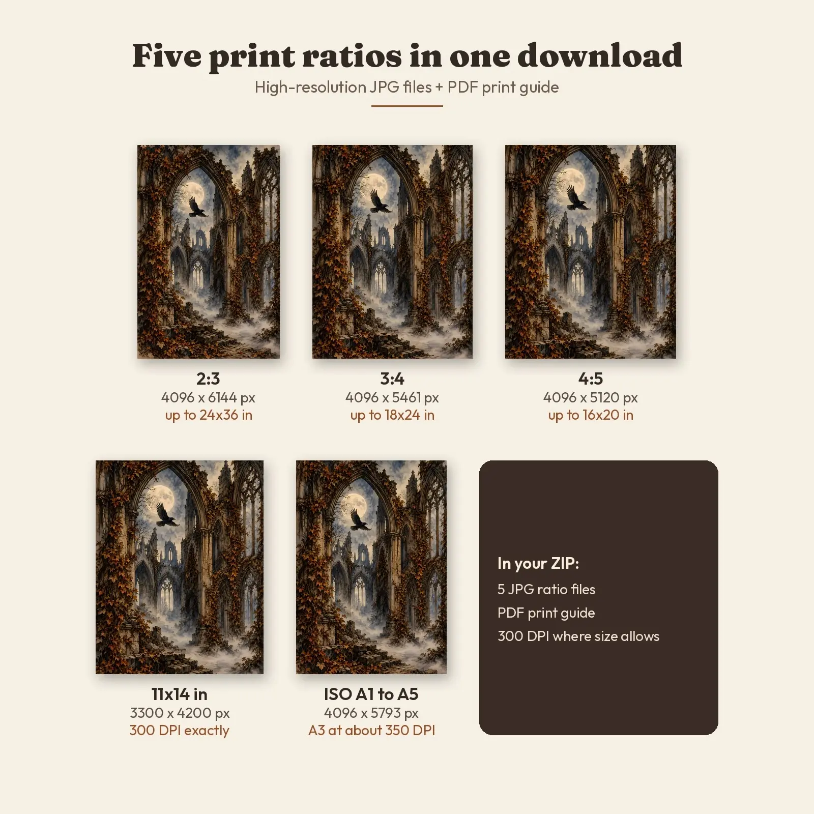 Ruined Gothic Cathedral Arches in Autumn Fog Printable Wall Art, Vintage Engraving Style, preview 3 of 4