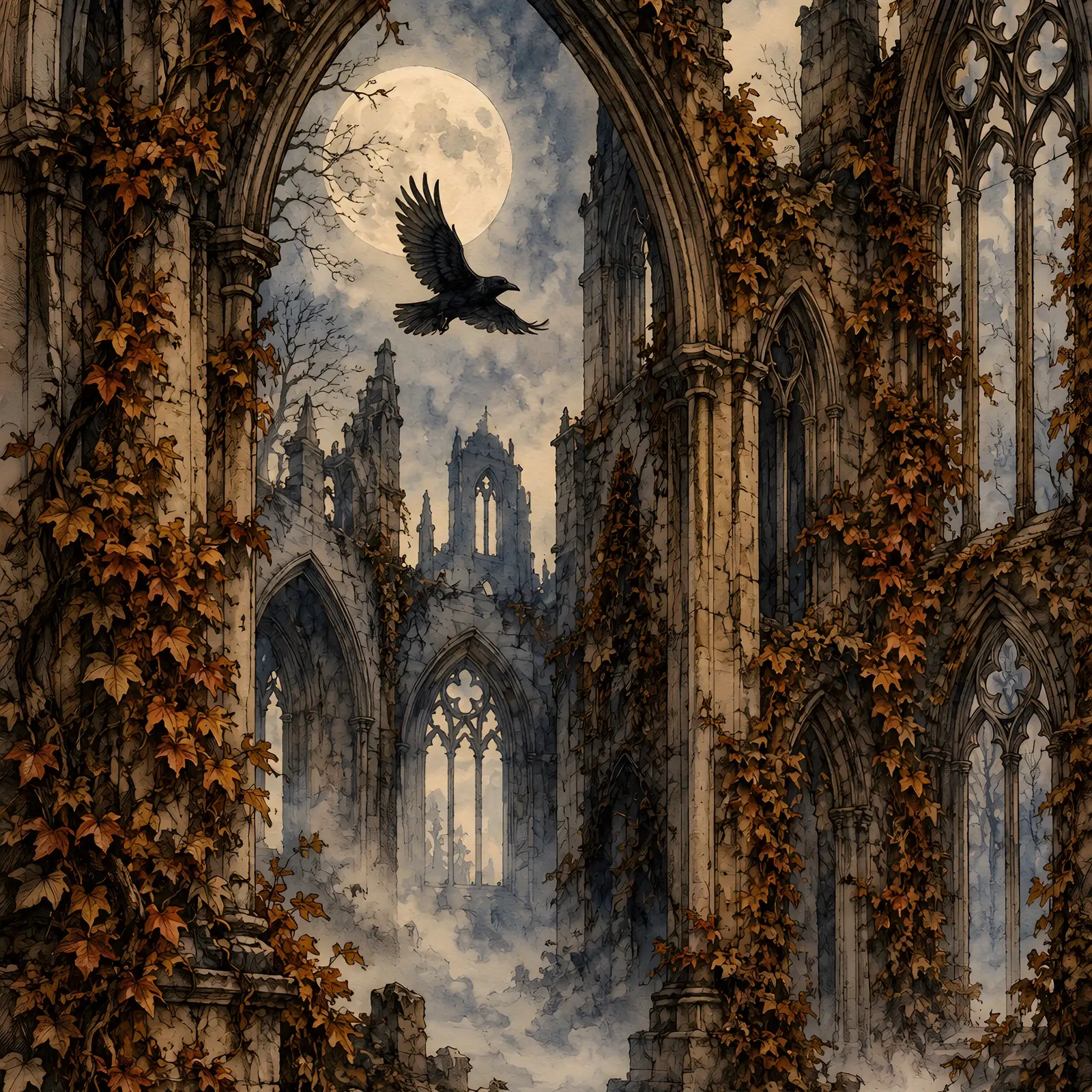 Ruined Gothic Cathedral Arches in Autumn Fog Printable Wall Art, Vintage Engraving Style preview
