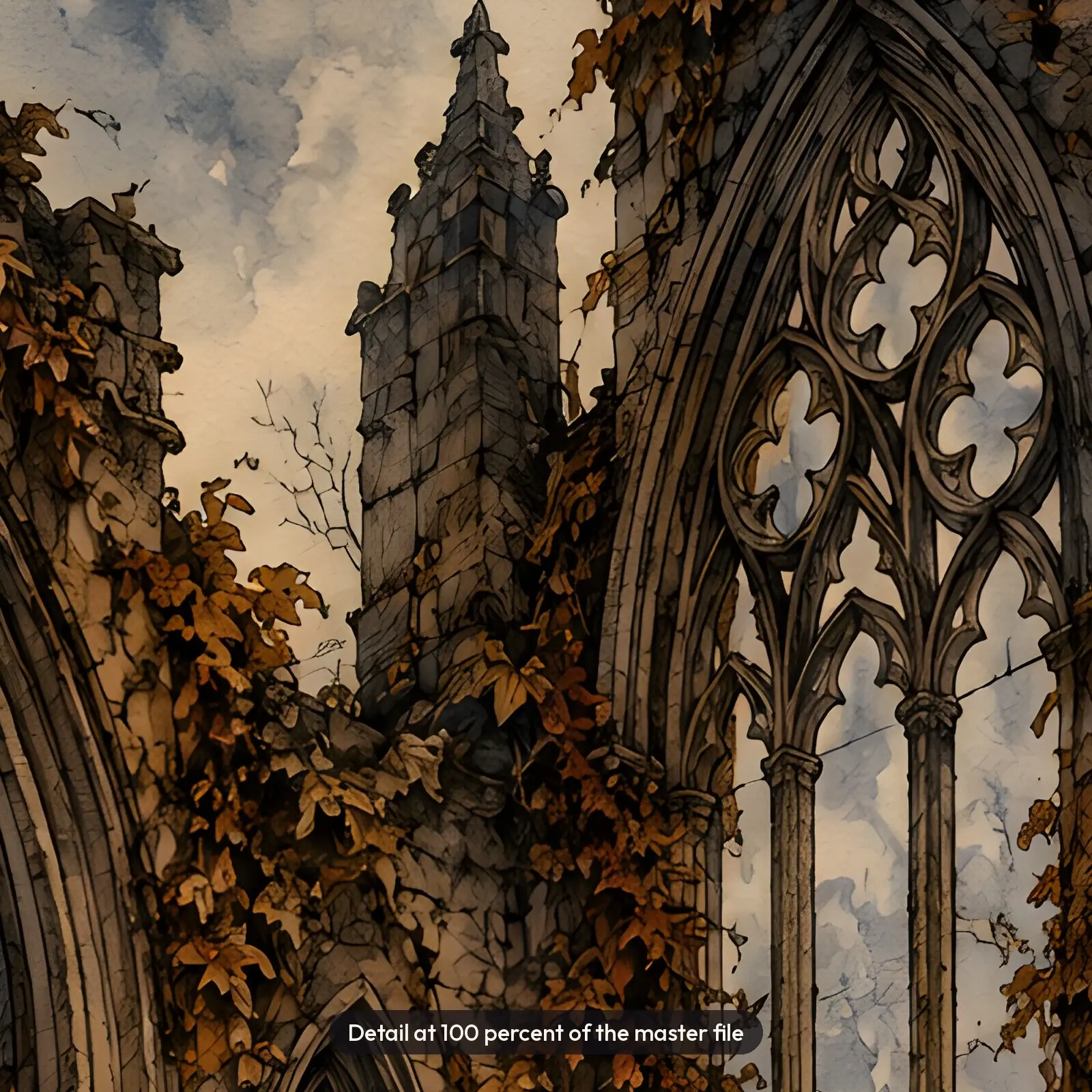 Ruined Gothic Cathedral Arches in Autumn Fog Printable Wall Art, Vintage Engraving Style, preview 4 of 4