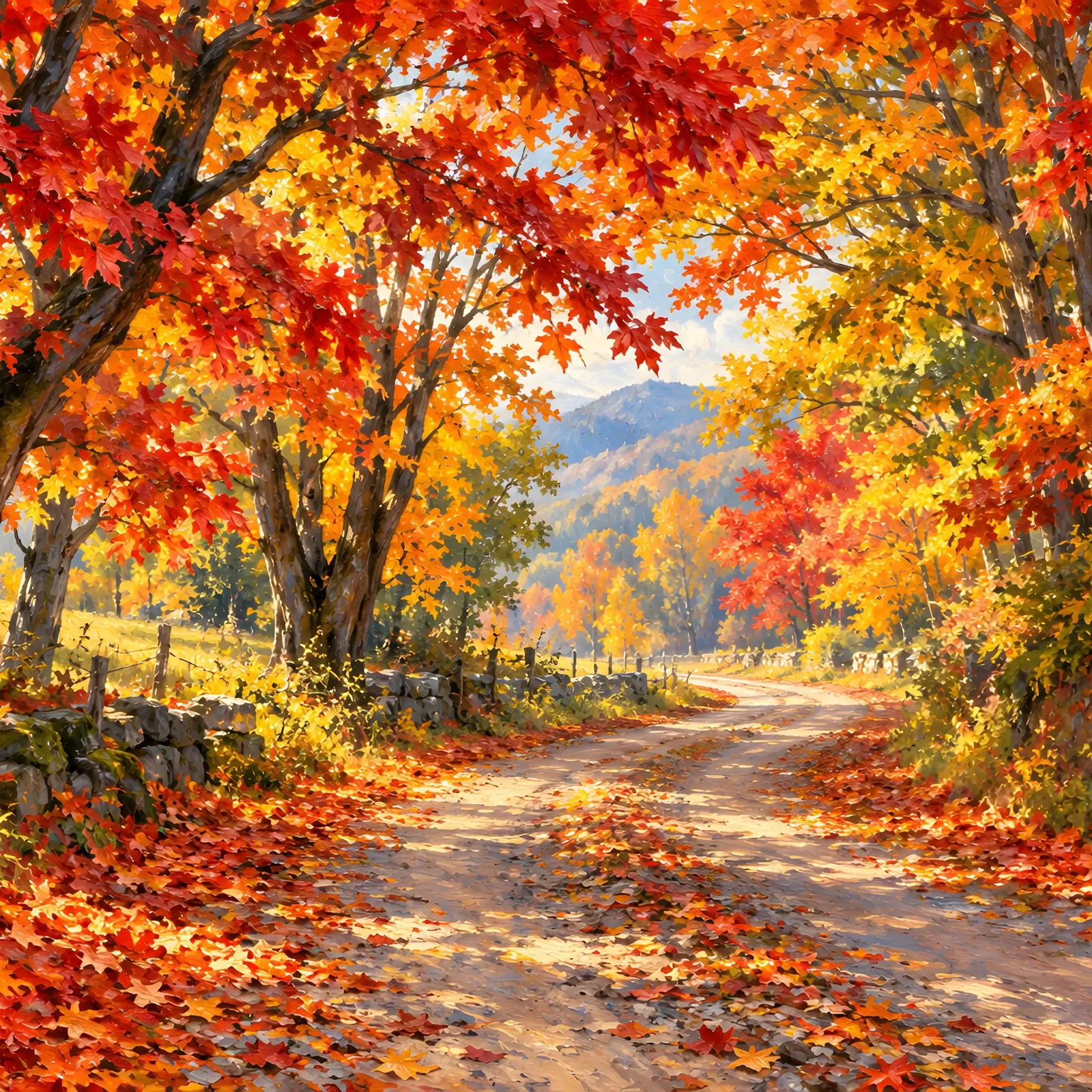 Country Road Through Maple Trees in Peak Foliage Landscape Print, Printable Fall Art preview