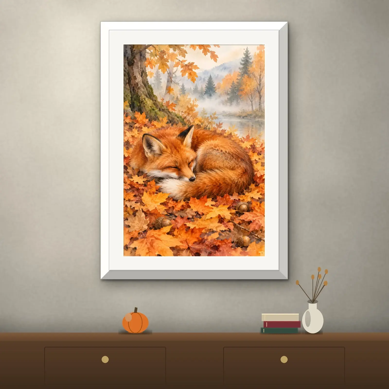 Red Fox Resting in Autumn Leaves Printable Wall Art, Woodland Watercolor Print, preview 2 of 4