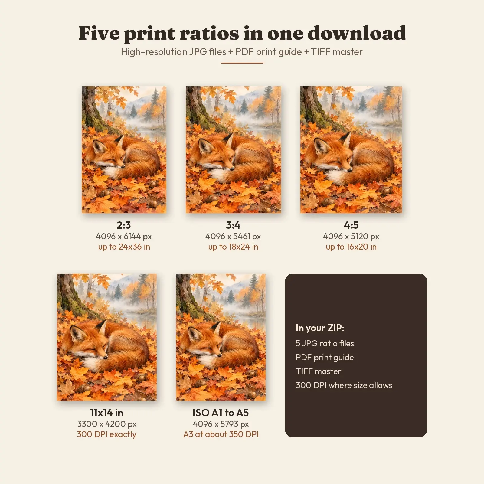 Red Fox Resting in Autumn Leaves Printable Wall Art, Woodland Watercolor Print, preview 3 of 4