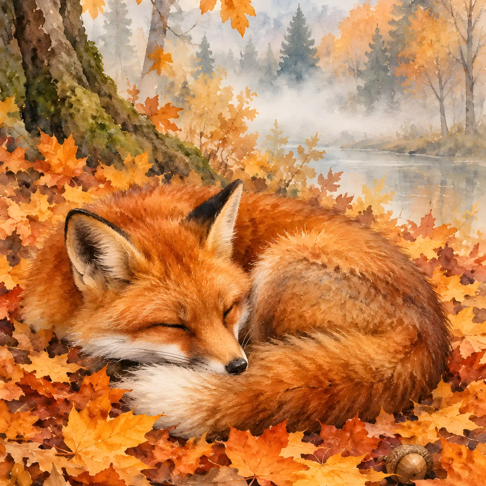 Red Fox Resting in Autumn Leaves Printable Wall Art, Woodland Watercolor Print, preview 1 of 4