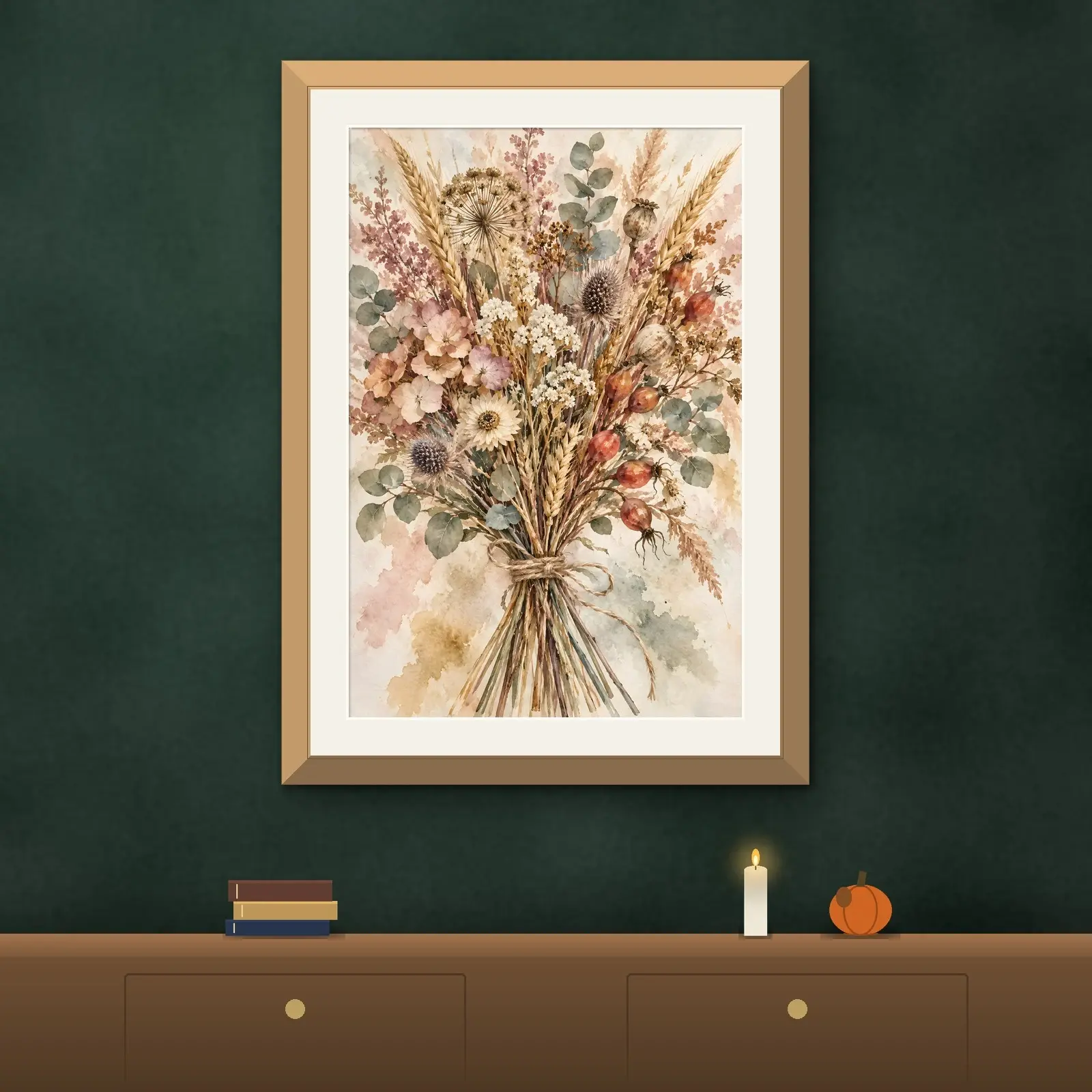 Dried Wildflower and Botanical Bouquet Watercolor Printable Wall Art, Muted Autumn Palette, preview 2 of 4