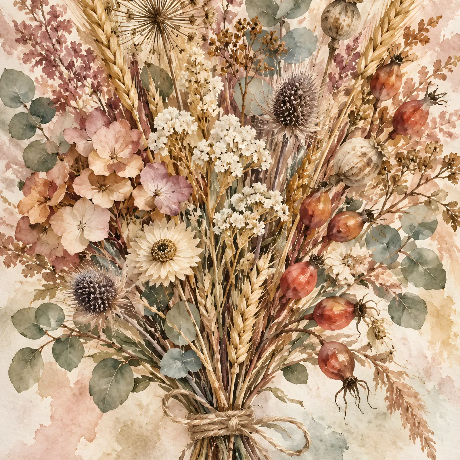 Dried Wildflower and Botanical Bouquet Watercolor Printable Wall Art, Muted Autumn Palette preview