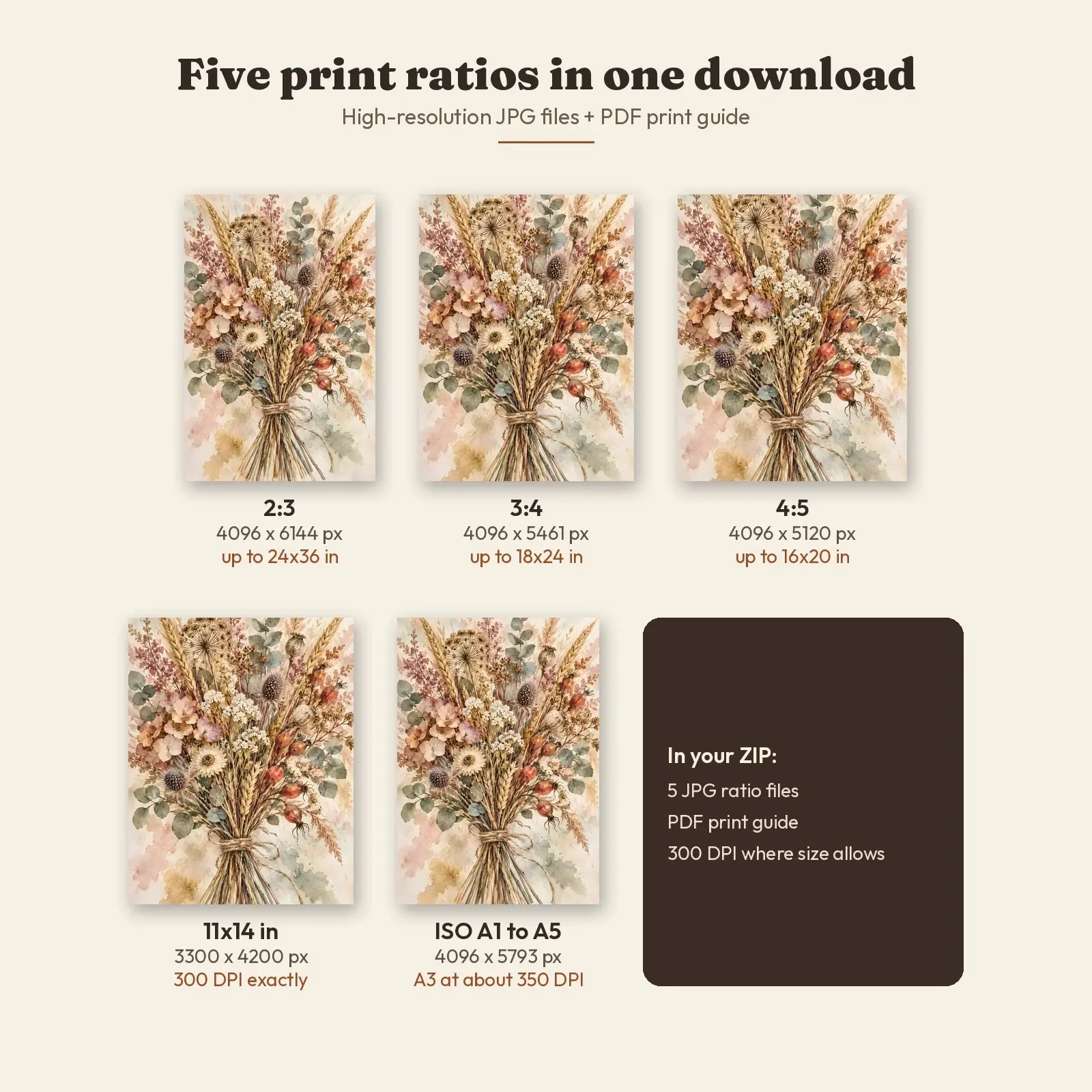 Dried Wildflower and Botanical Bouquet Watercolor Printable Wall Art, Muted Autumn Palette, preview 3 of 4