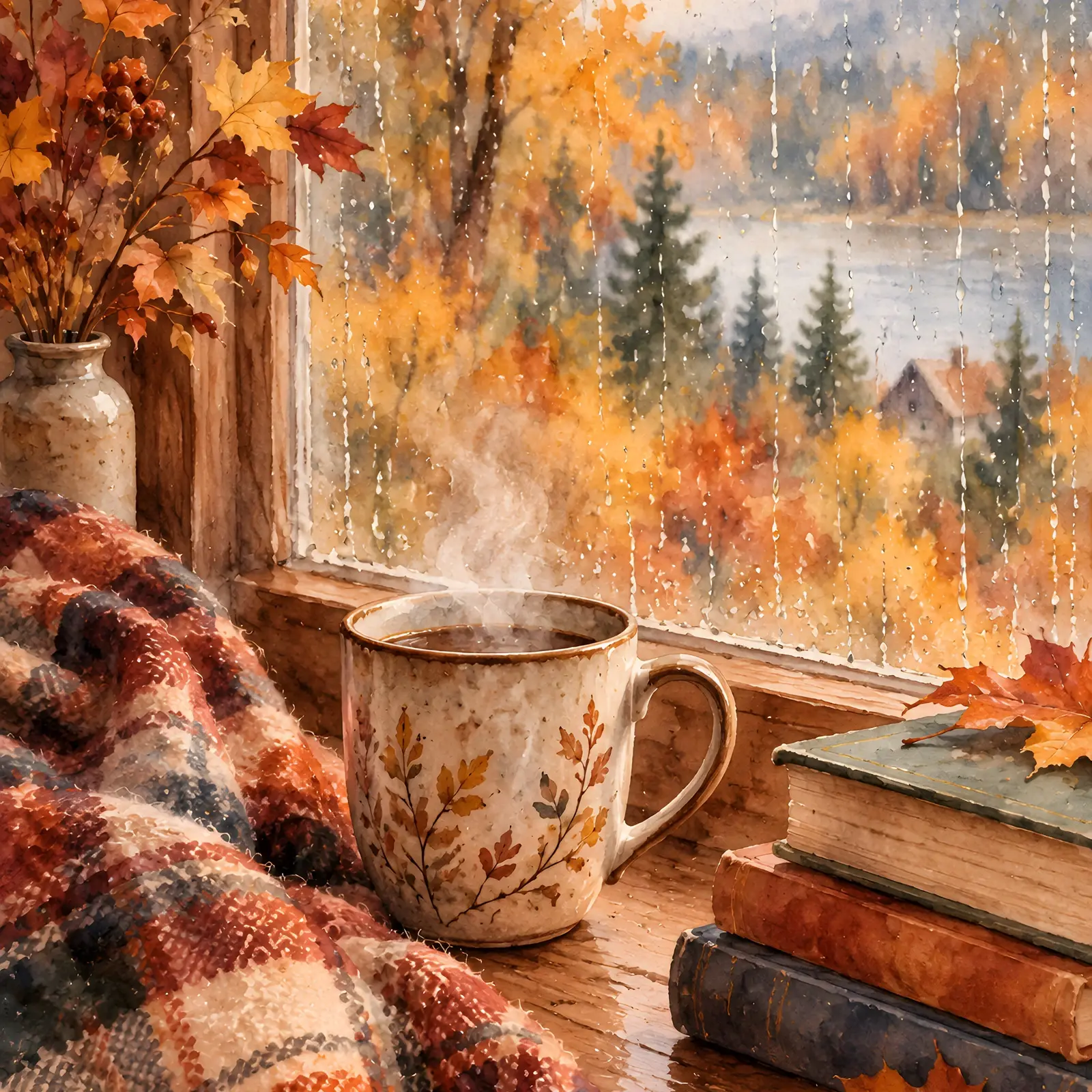 Steaming Mug on a Rainy Windowsill Printable Art, Cozy Autumn Watercolor Print preview