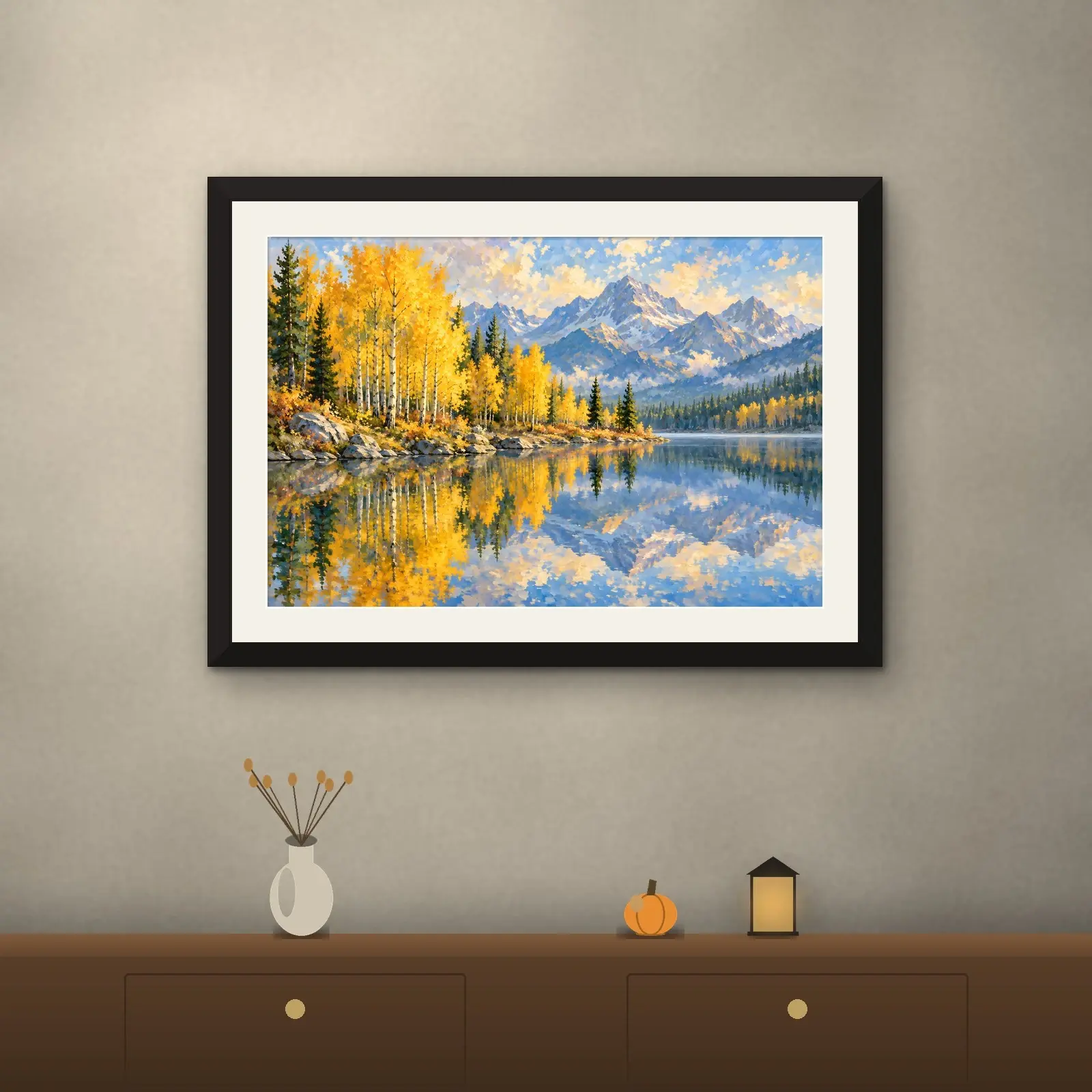 Golden Aspen Grove by a Mountain Lake Printable Autumn Landscape Painting, preview 2 of 4