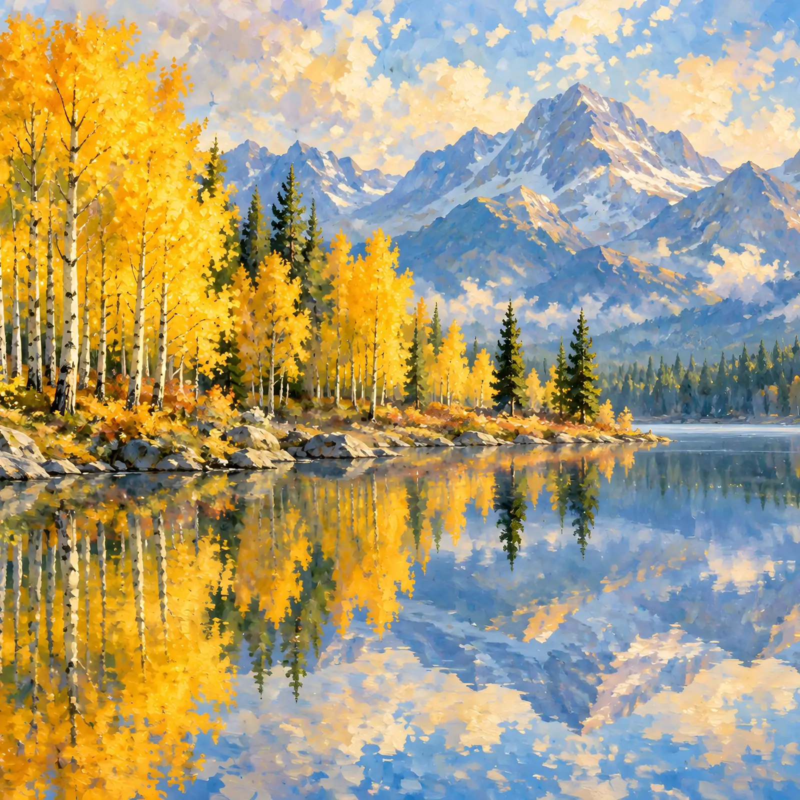 Golden Aspen Grove by a Mountain Lake Printable Autumn Landscape Painting, preview 1 of 4