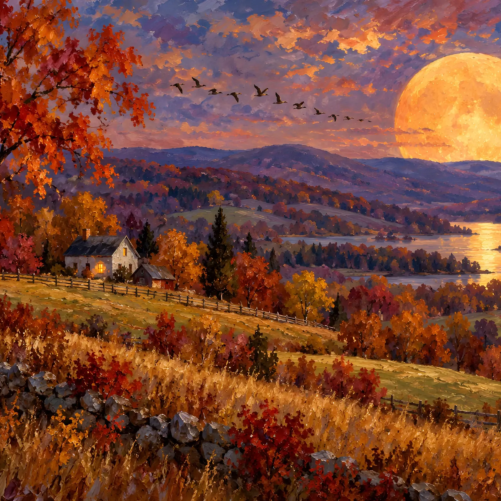 Harvest Moonrise Over Autumn Hills Landscape Print, Impressionist Painting preview
